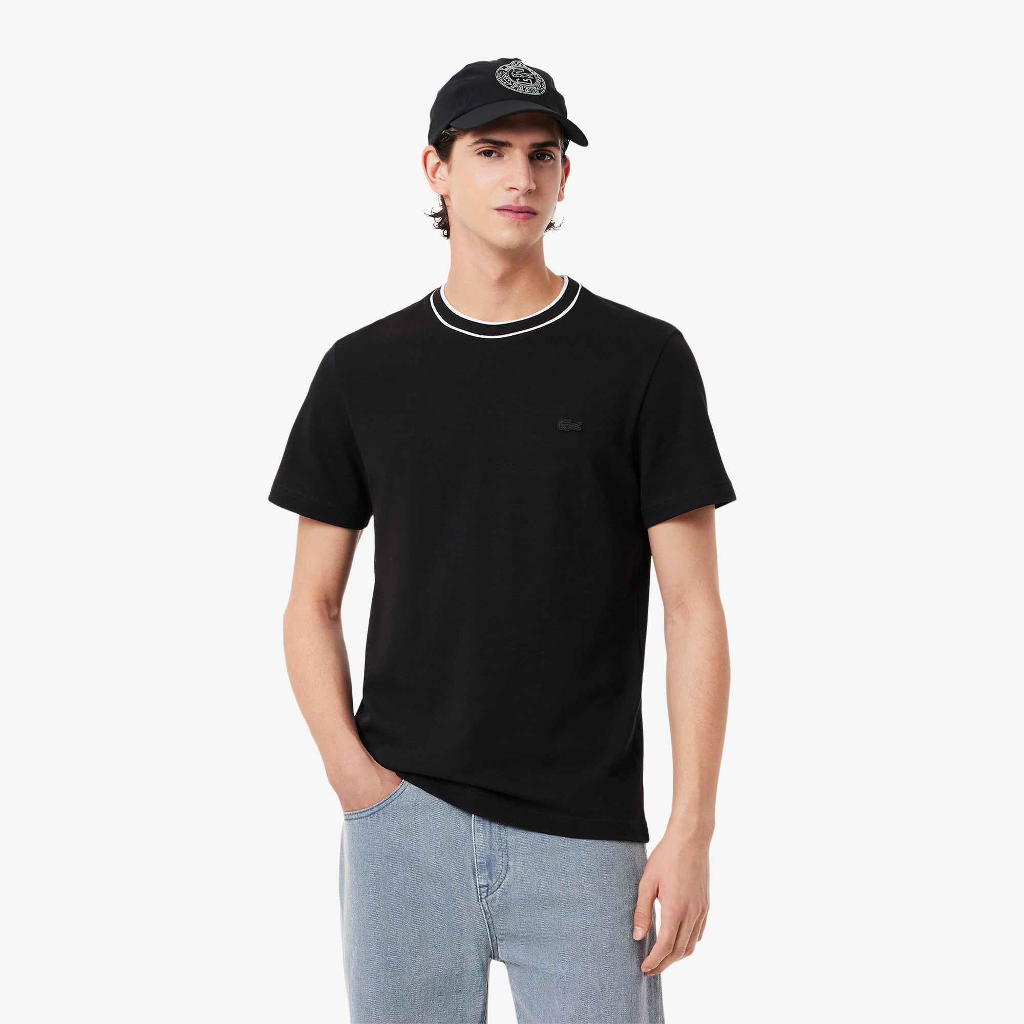 Lacoste Stretch Piqué Stripe Collar T-shirt In Black