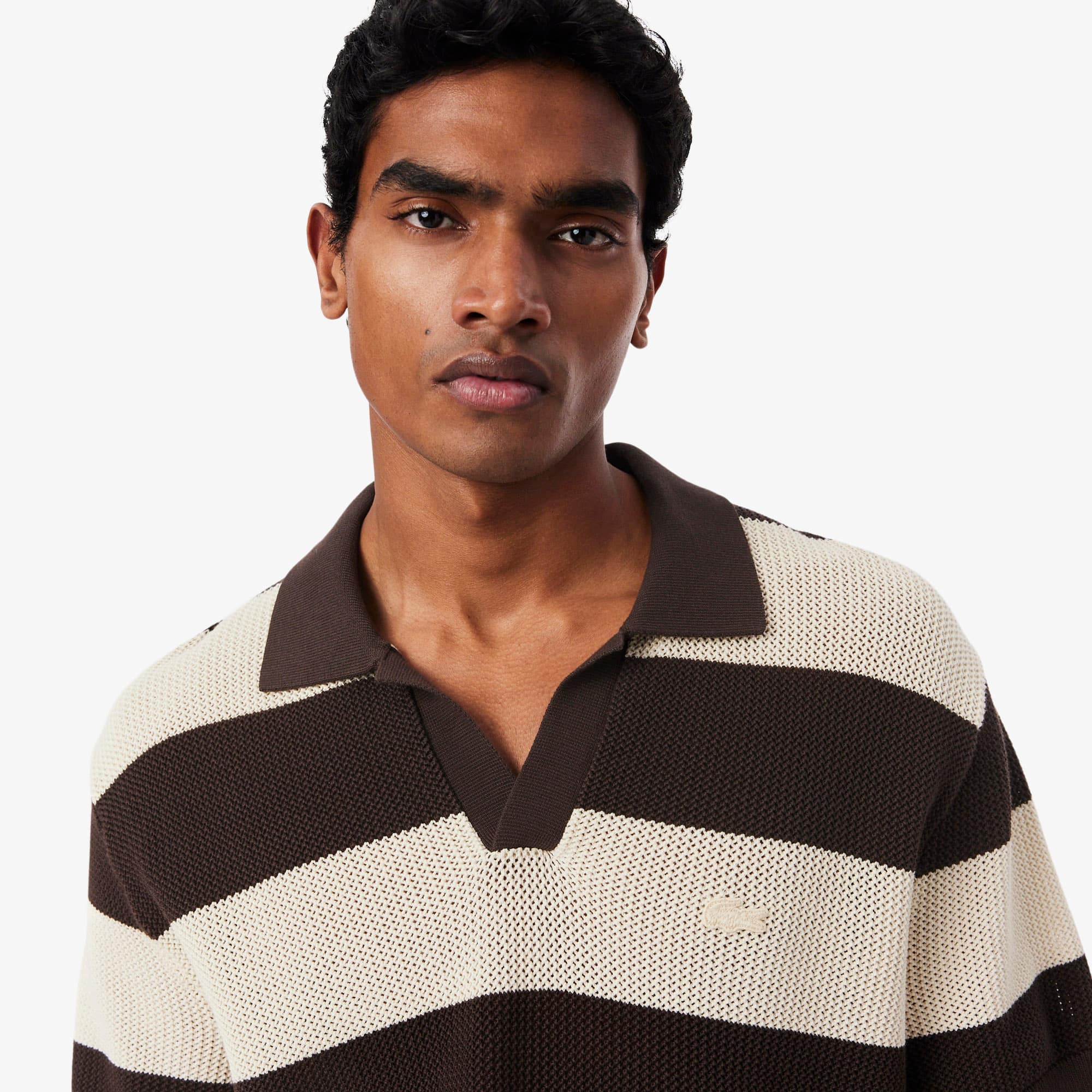 Short Sleeved Striped Polo Collar Sweater - Sweaters & Sweatshirts