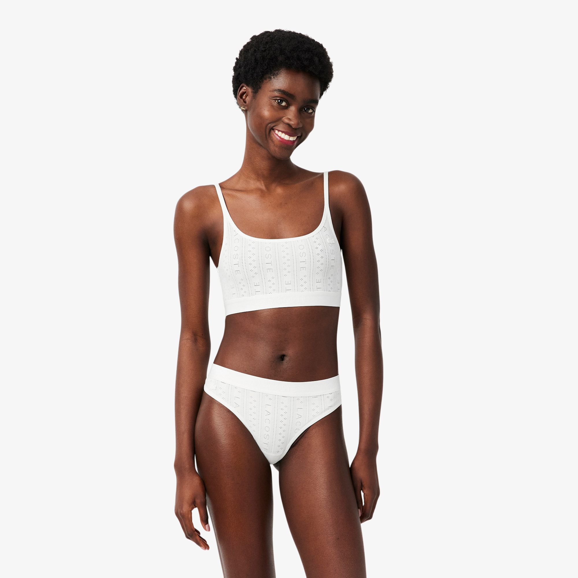 Lacoste Logo Jacquard Pointelle Bralette - Xs In White