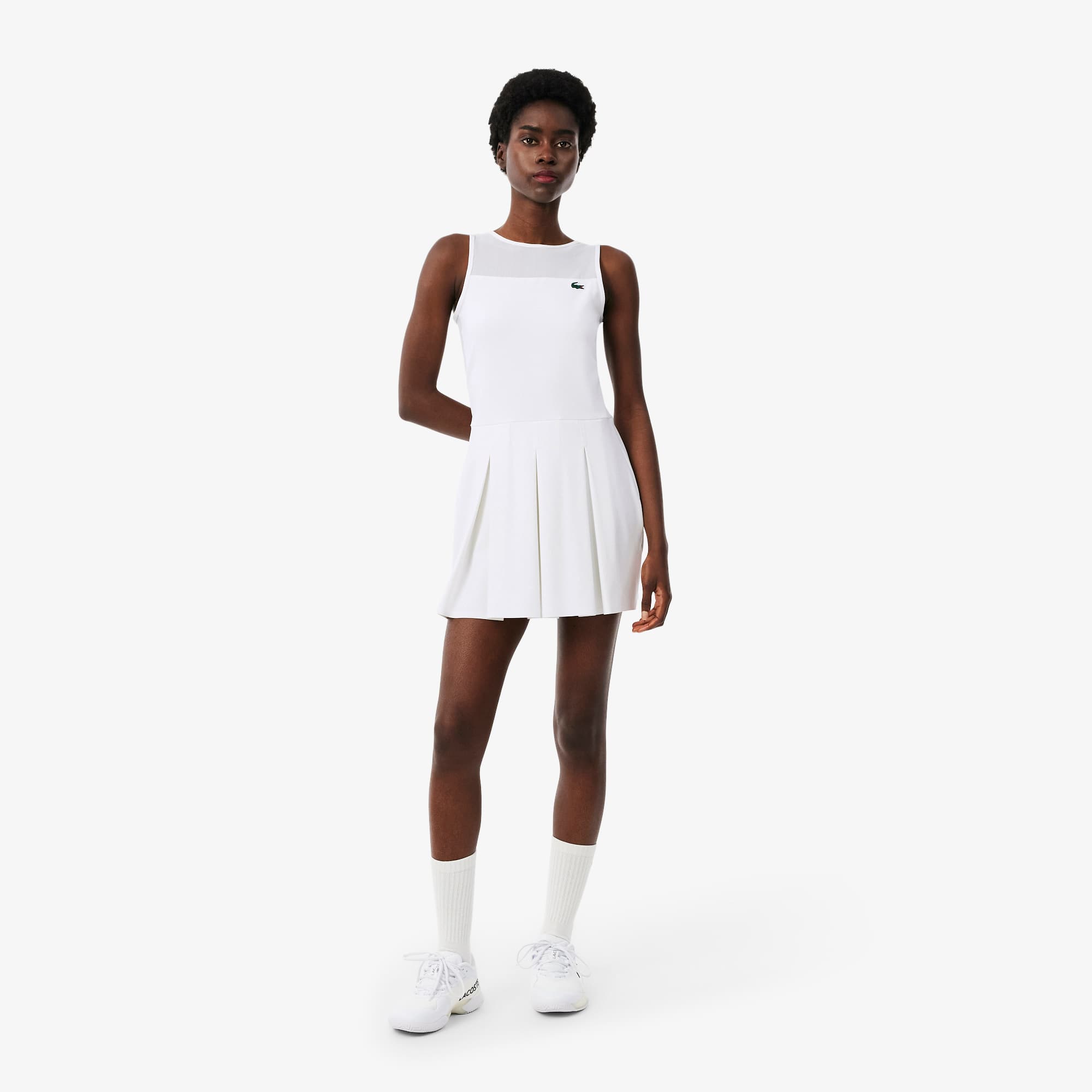 Lacoste Dual Fabric Pleated Stretch Tennis Dress - S (36) In White