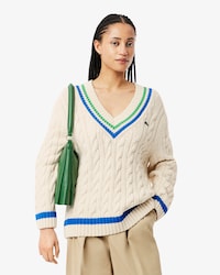 Women's V-Neck Cable Knit Cotton Tennis Sweater