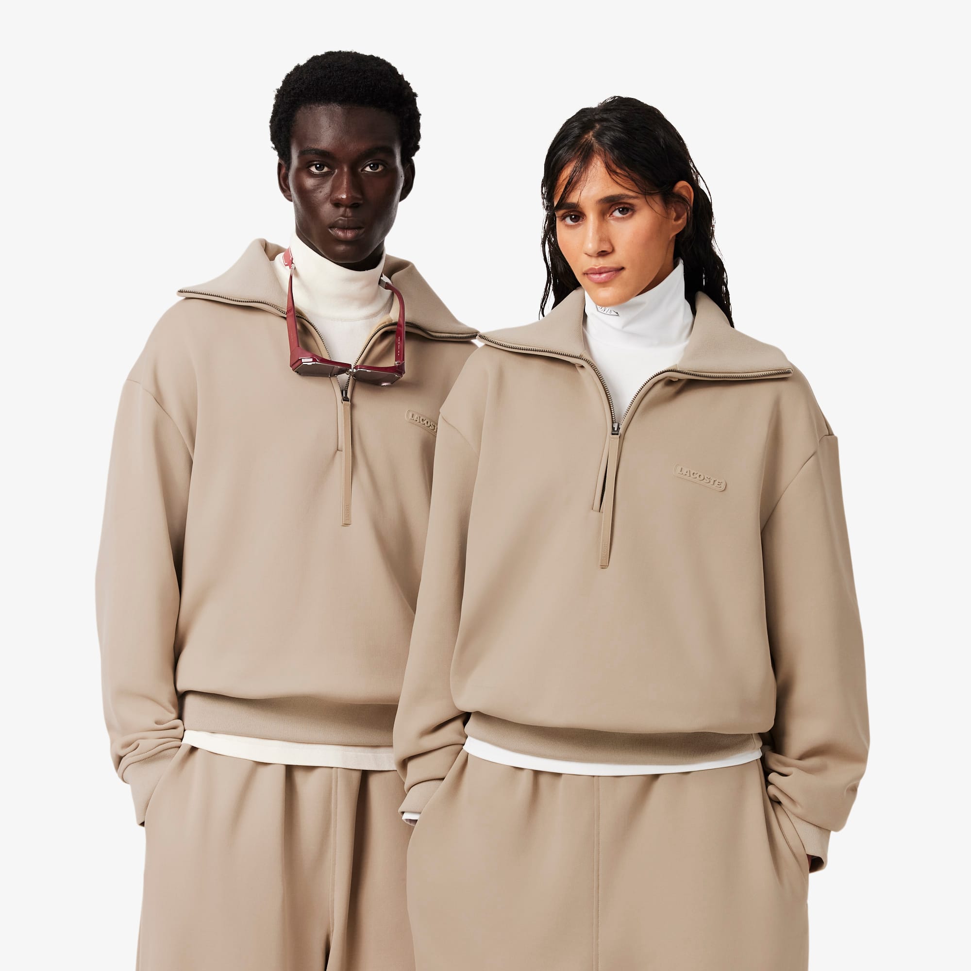 Lacoste Runway High Neck Zipped Satin Sweatshirt - M In Neutral