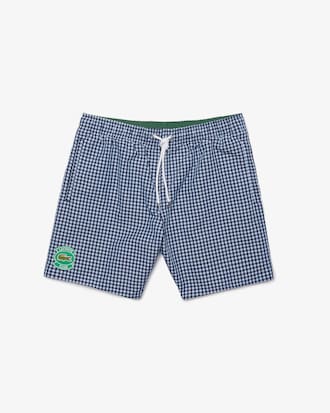 Men&rsquo;s Mid-Length Gingham Check Cotton Blend Swimming Trunks