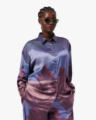 Women's Oversized Landscape Print Satin Shirt