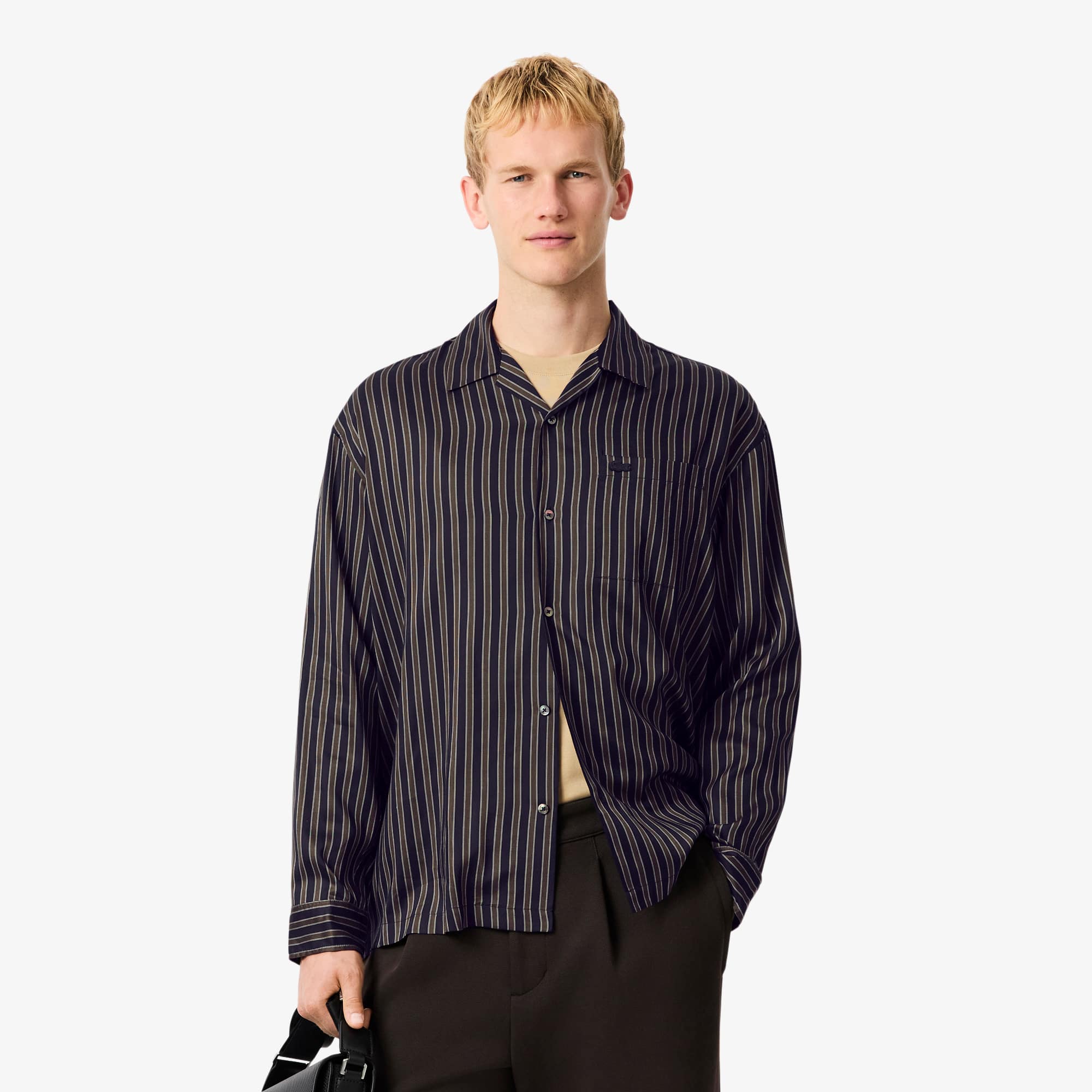 Lacoste Men's Relaxed Fit Striped Lyocell Shirt - 16 - 41 In Blue