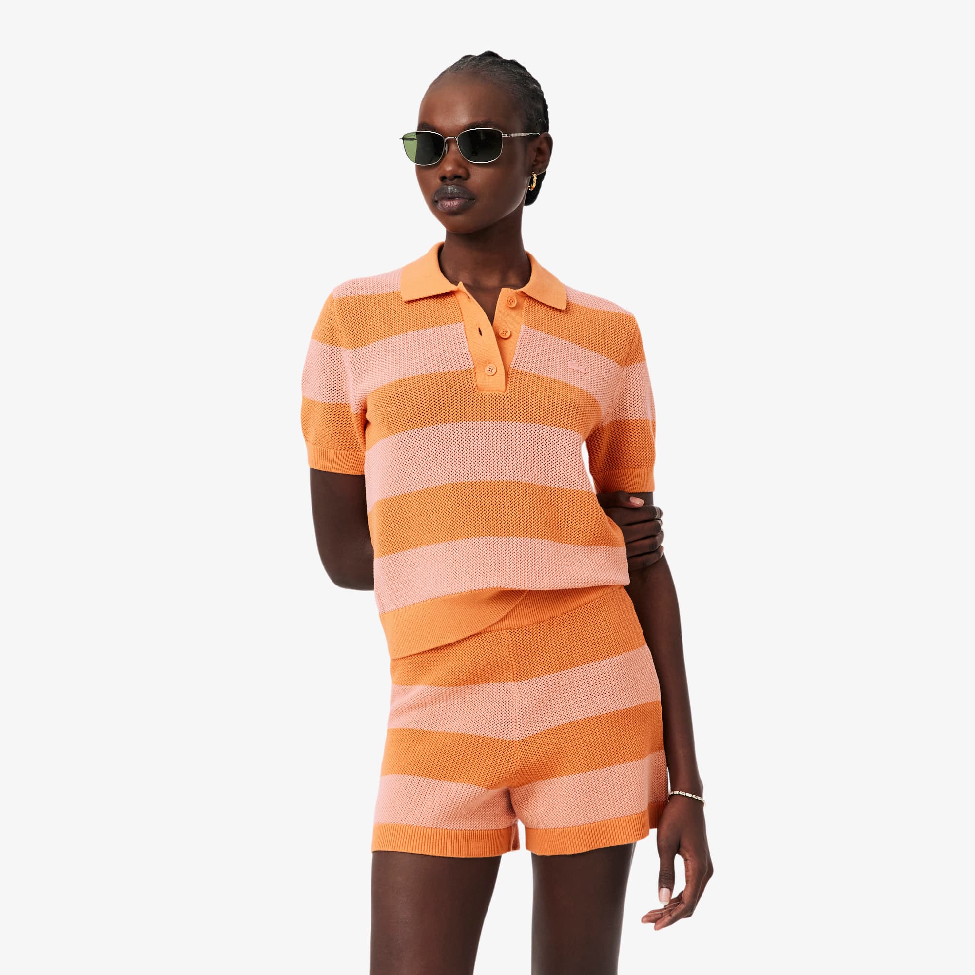 Striped Mesh Knit Polo Collar Sweater - Sweaters & Sweatshirts