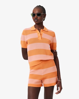 Striped Mesh Knit Polo Collar Sweater