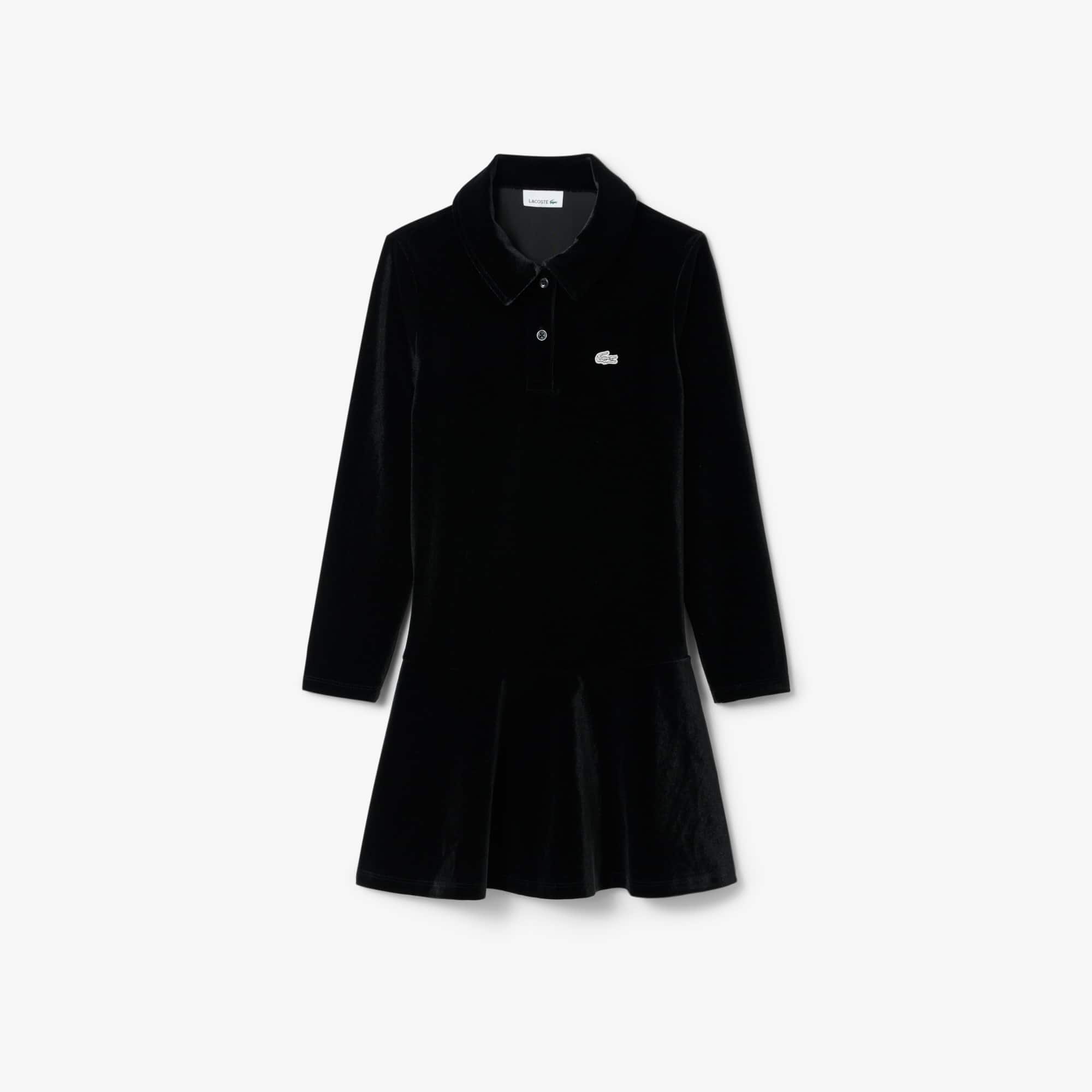 Lacoste Girls' Shiny Stretch Velour Polo Dress - 12 Years In Black