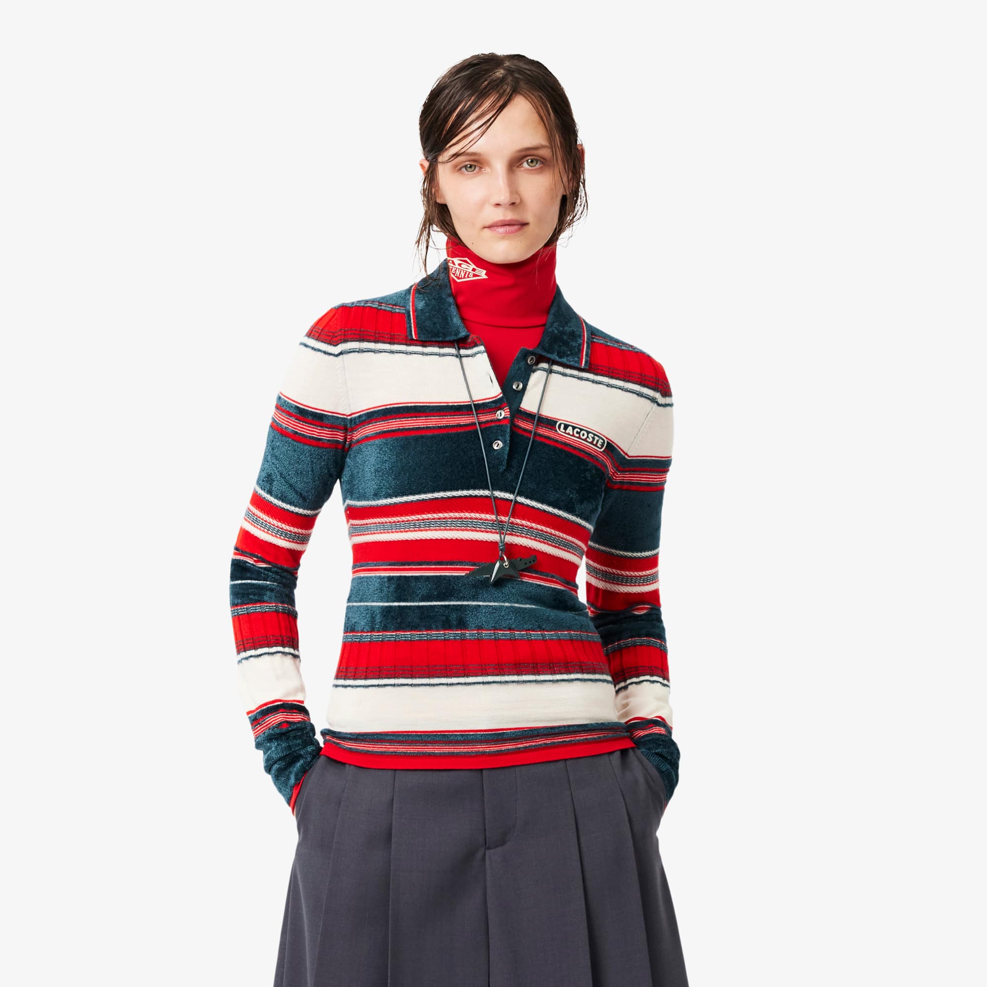 Runway Textured Striped Polo Collar Sweater