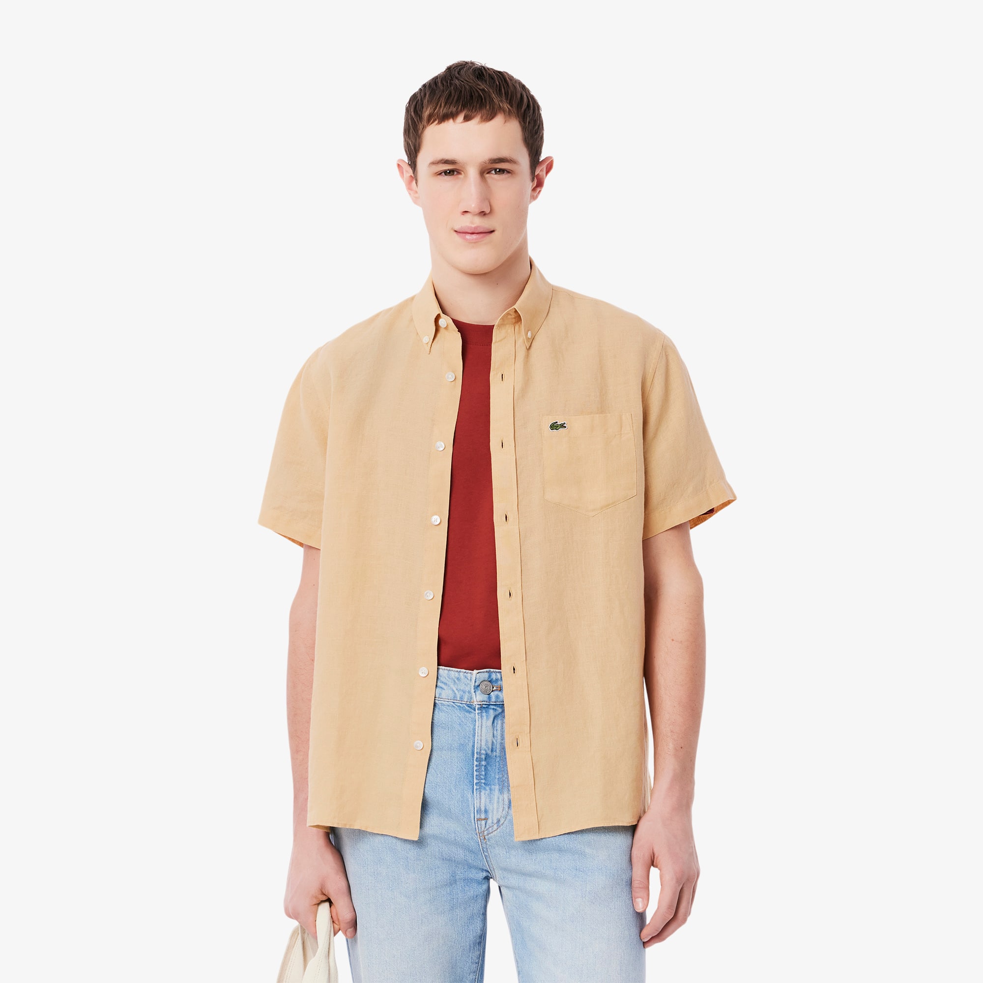 Lacoste Men's Short Sleeve Linen Shirt - 15¾ - 40 In Beige