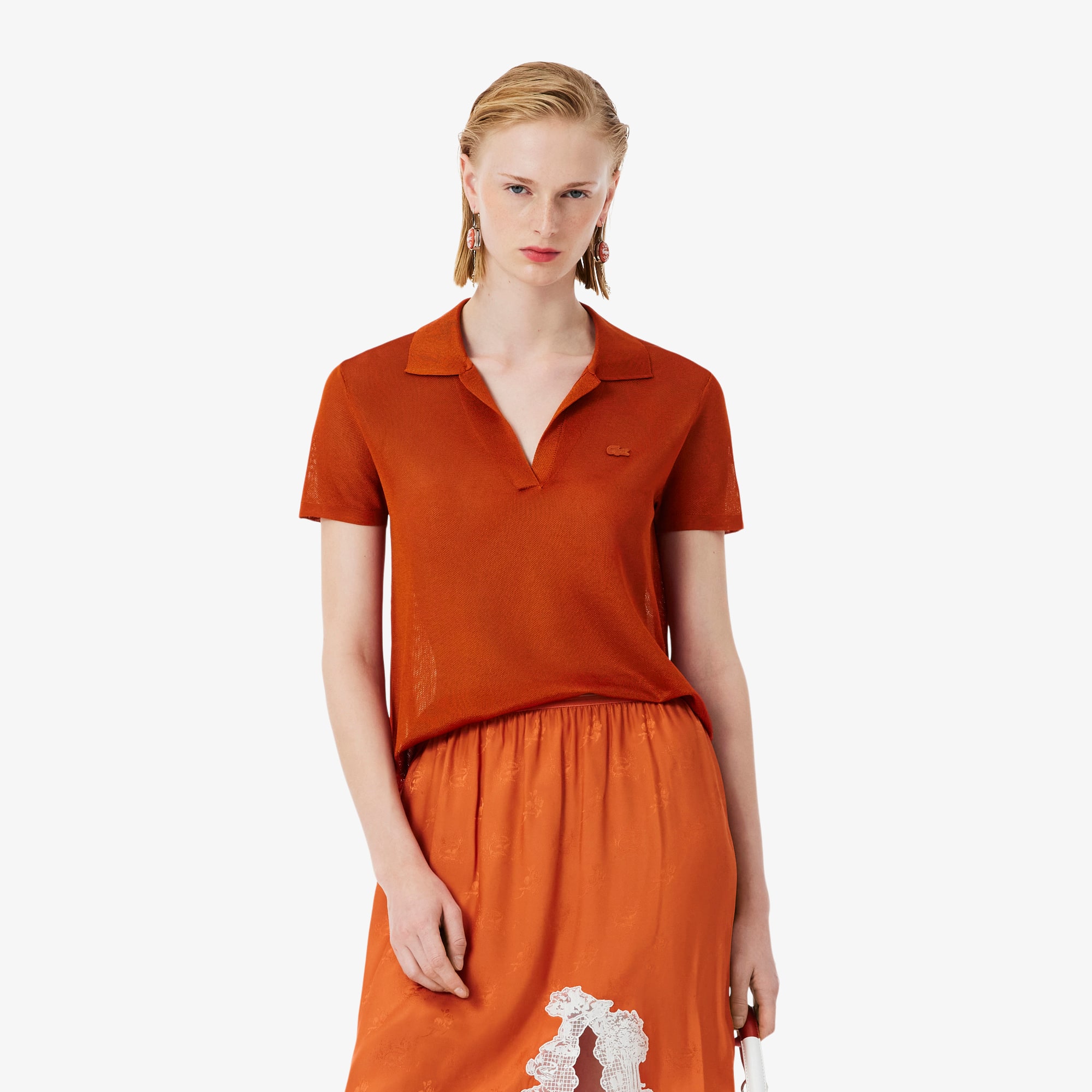 Lacoste Runway Slim Fit Satin Piqué Polo Shirt In Orange