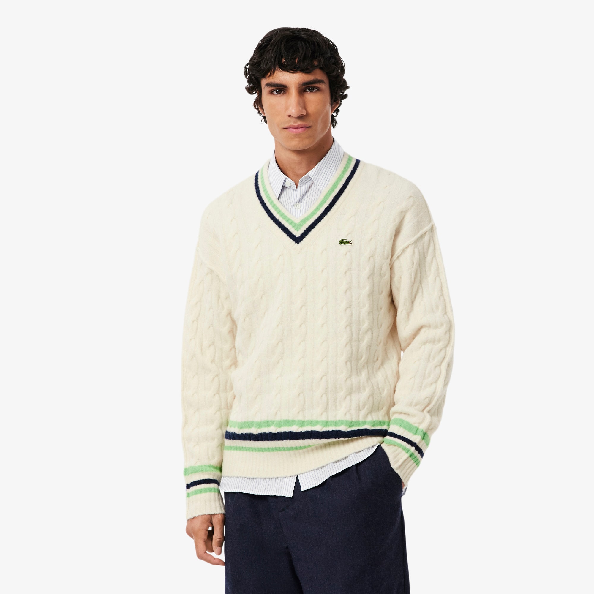 Lacoste Men's V-neck Cable Knit Wool Sweater - Xxl - 7 In White