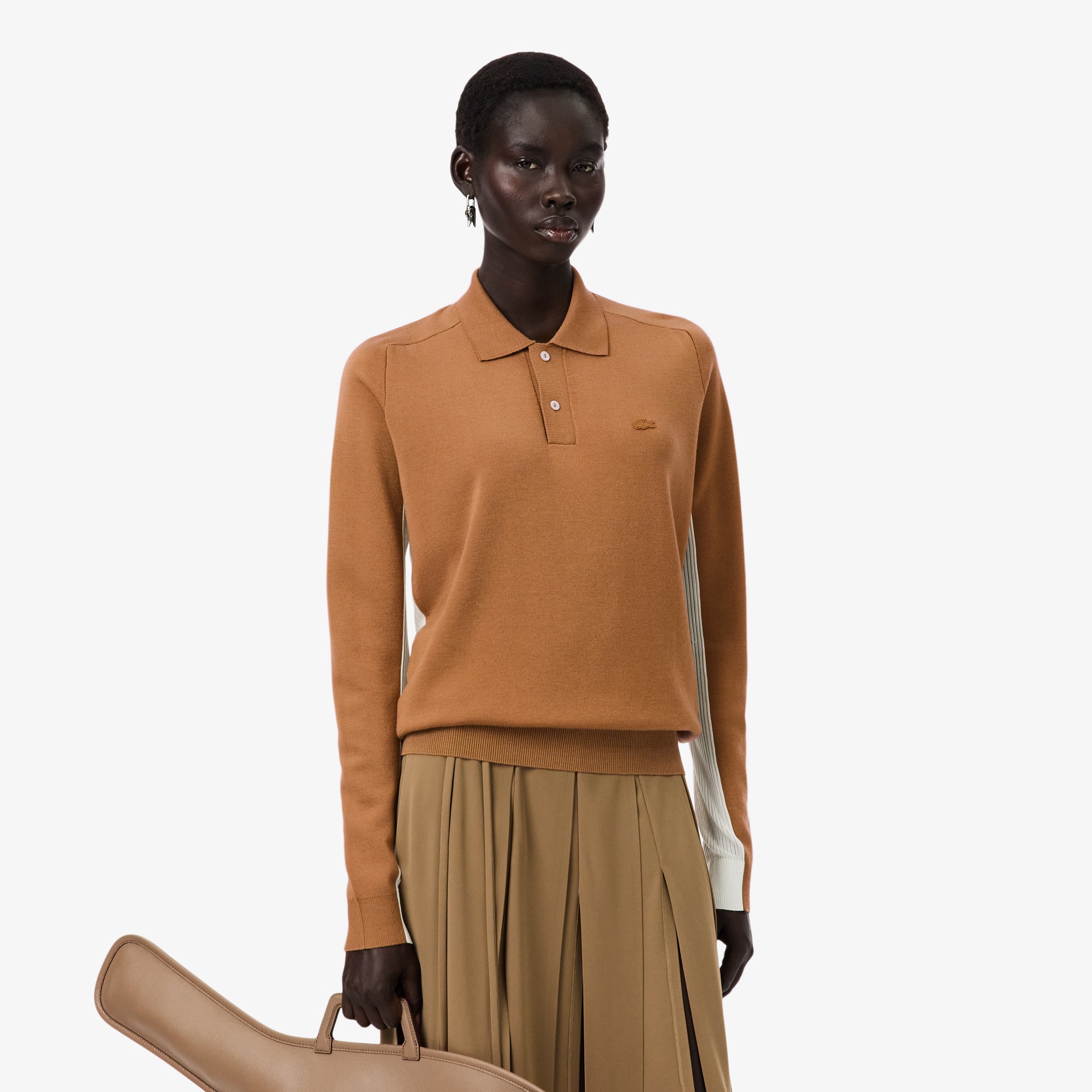 Lacoste Runway Wool Blend Polo Collar Sweater - 36 In Brown