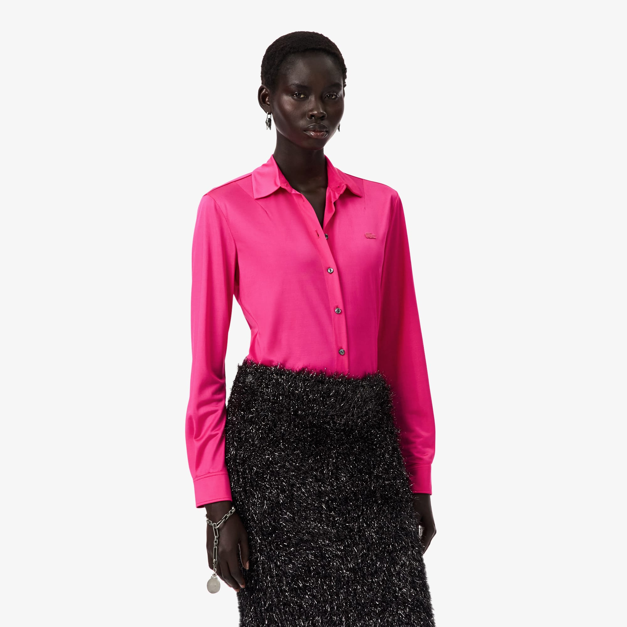 Lacoste Runway Satin Slim Fit Shirt - 38 In Pink
