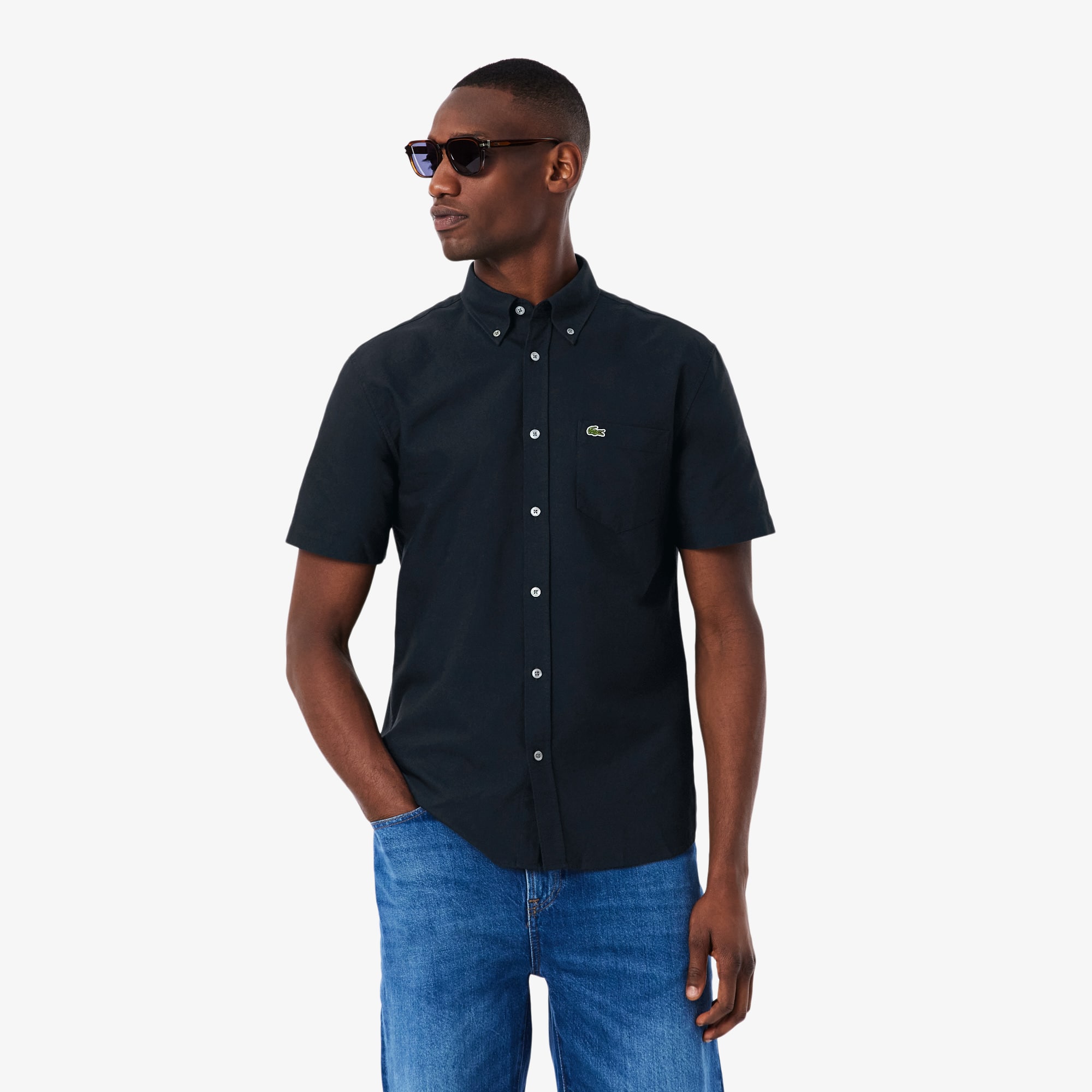 Lacoste Camisa Oxford De Manga Corta Y Corte Regular Para Hombre Azul