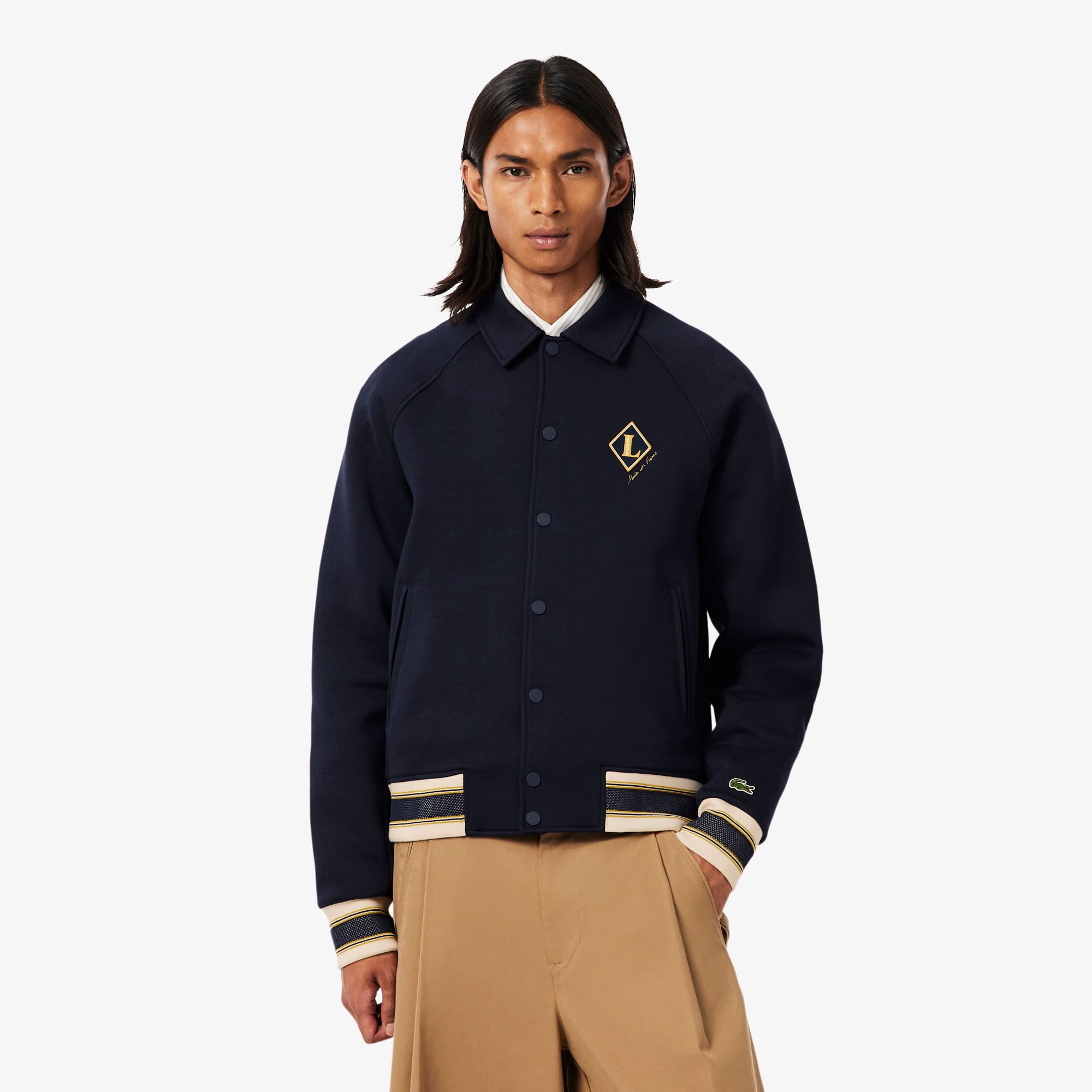 Lacoste French Made Varsity Badge Jacket In Blue