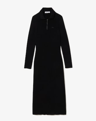 Robe longue col polo en maille c&ocirc;tel&eacute;e sans couture