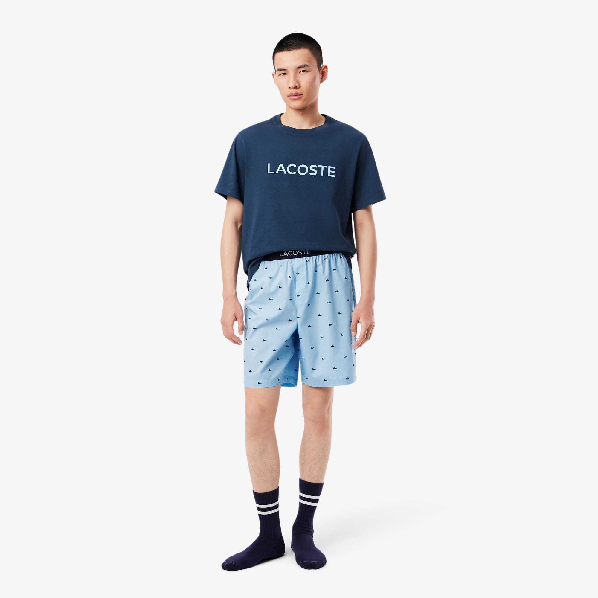 Lacoste Men's Printed Poplin Pajama Shorts In Blue
