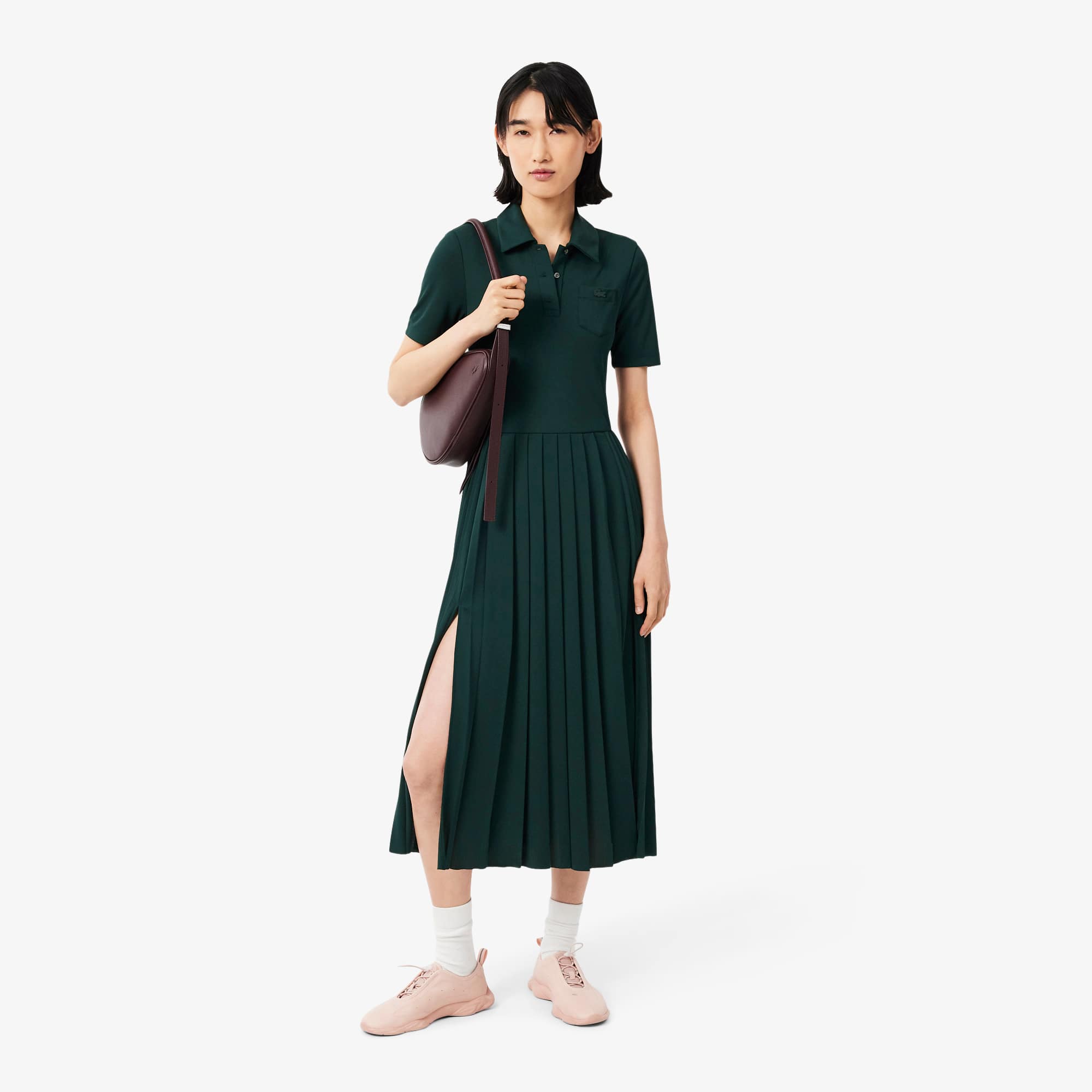 Pleated Fluid Jersey Polo Collar Dress