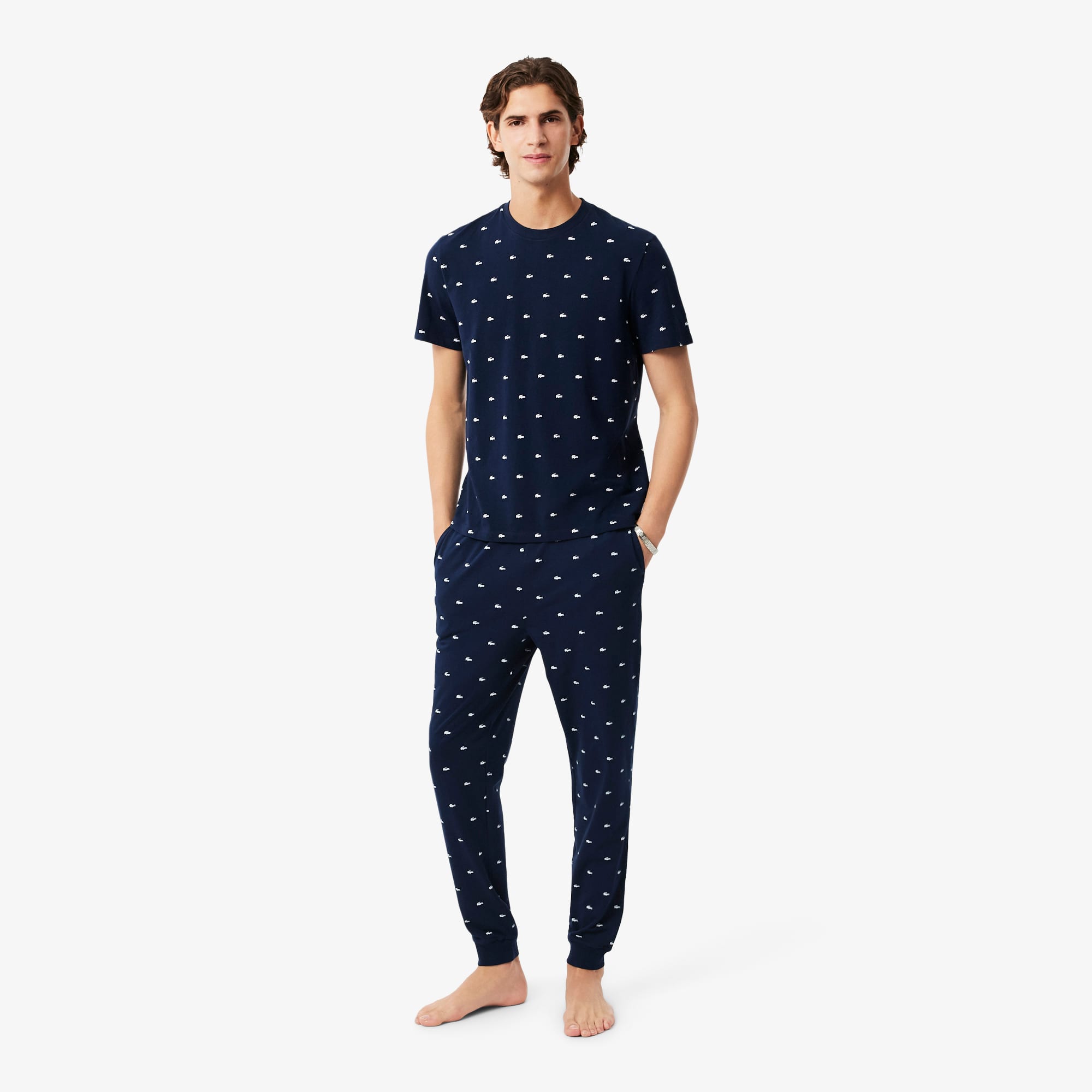 Lacoste Pantalón de Pijama de Algodón Estampado para Hombre Azul