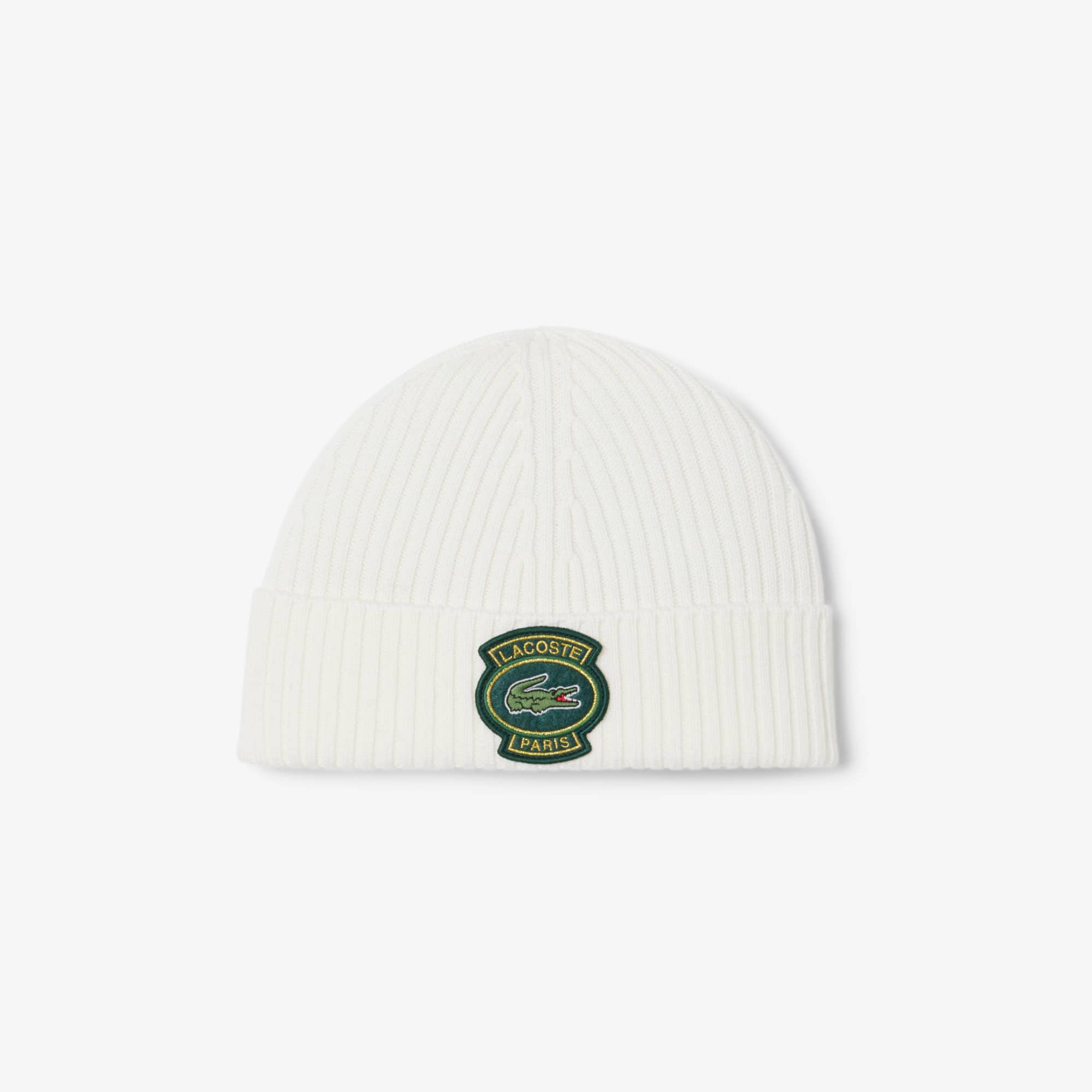 Lacoste Unisex Ribbed Wool Badge Beanie - One Size In White