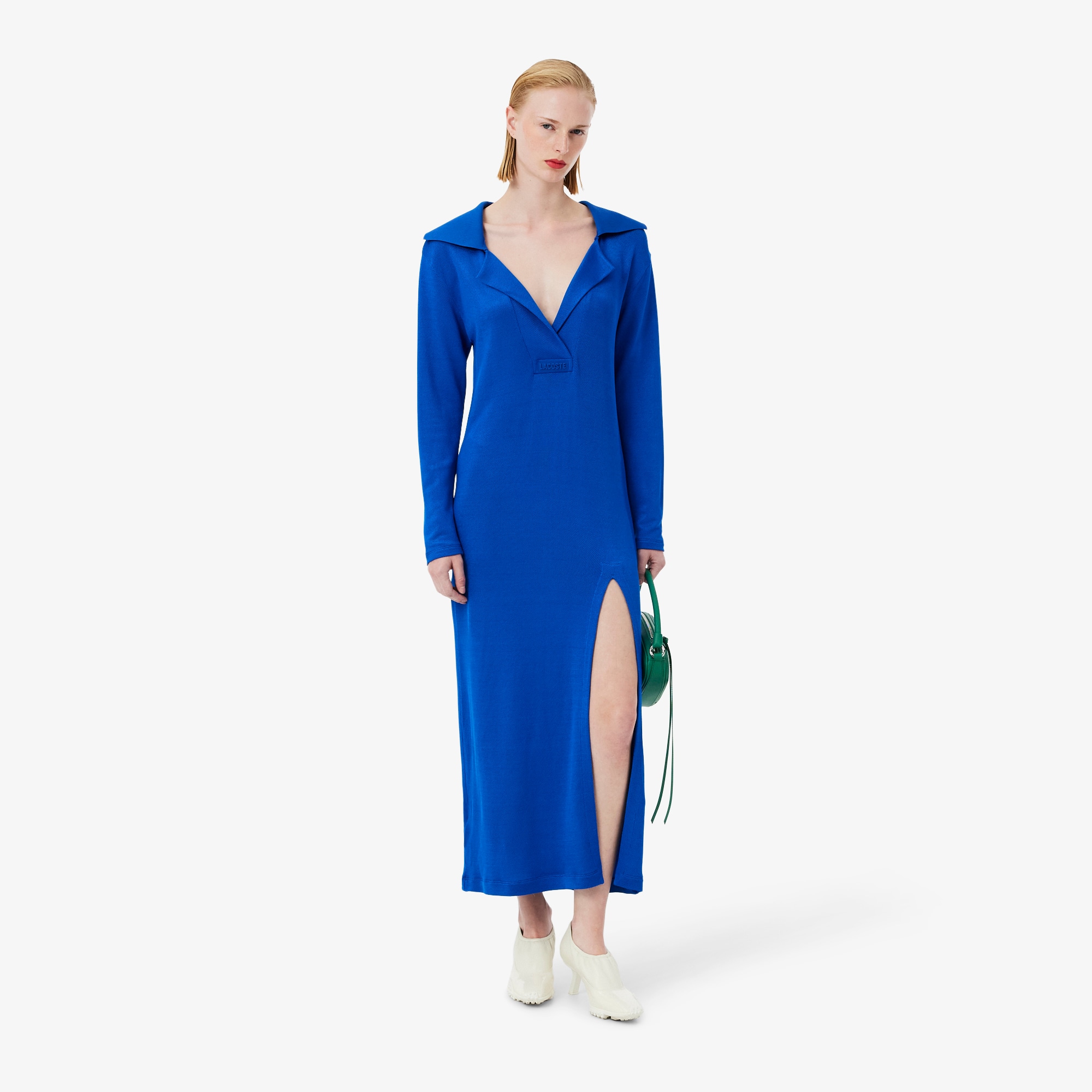 Lacoste Runway Polo Collar Satin Maxi Dress In Blue