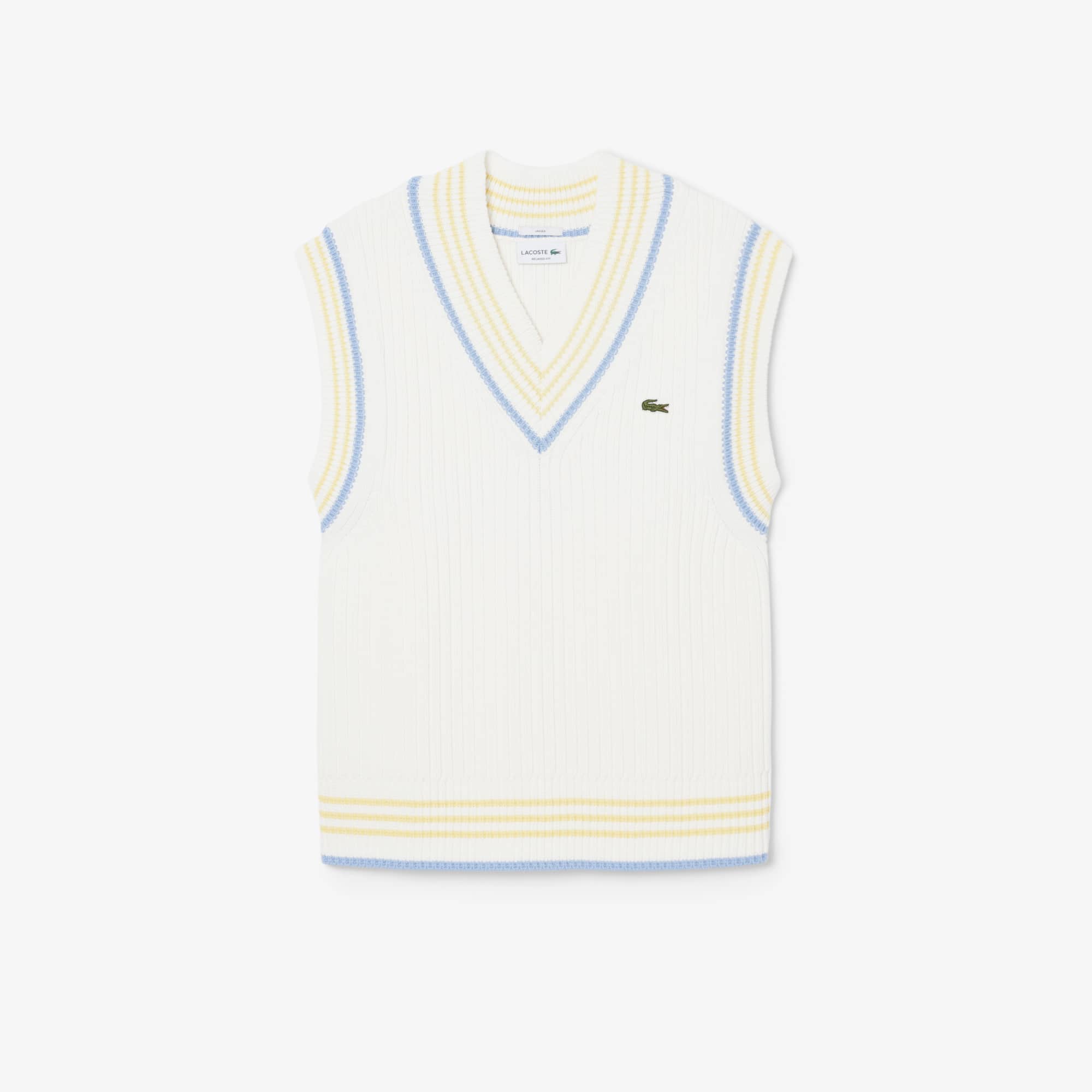 Lacoste Striped Rib Knit Cotton Sweater Vest - Xxl In Neutral