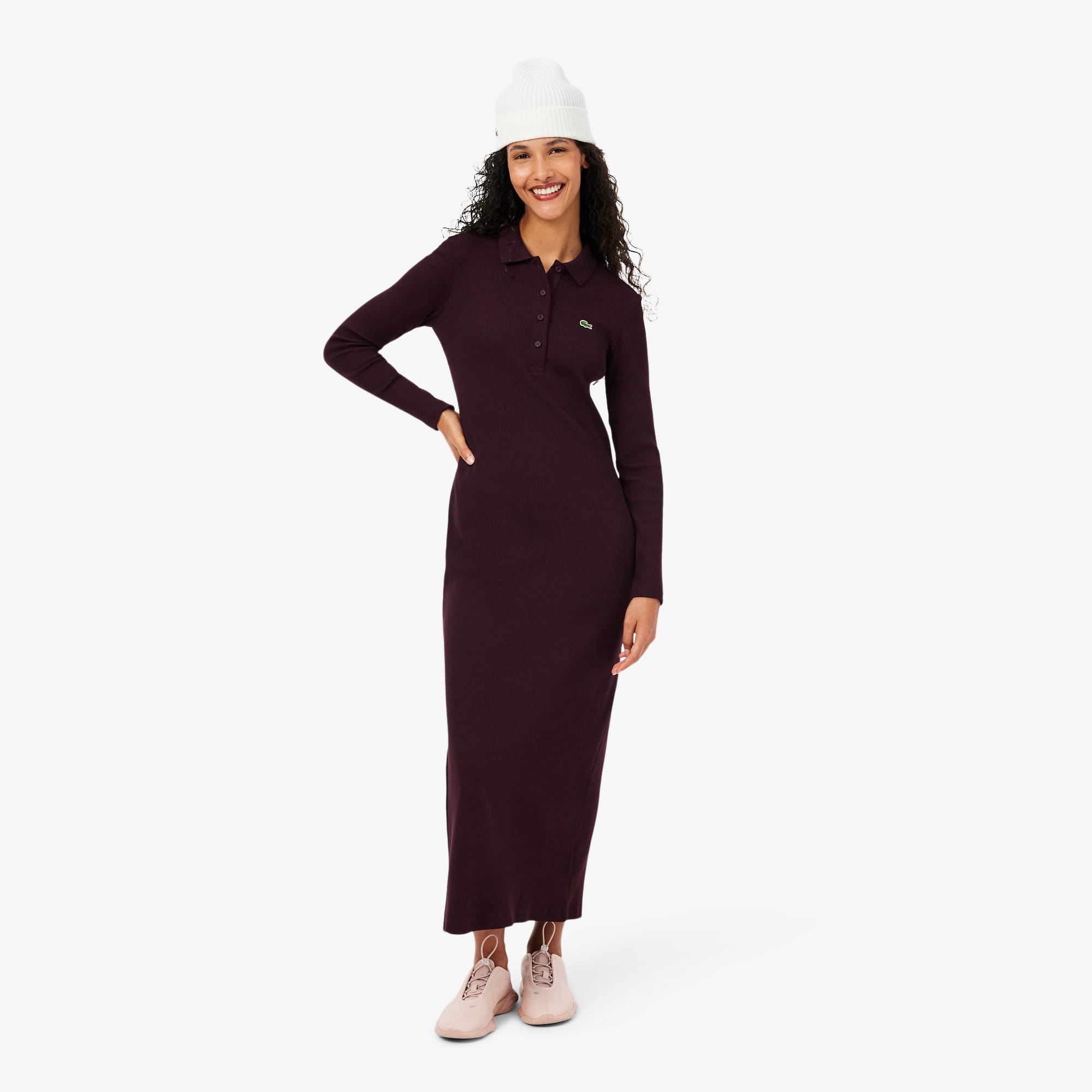 Lacoste Women's Slim Fit Ribbed Cotton Polo Collar Dress - L (40) In Brown