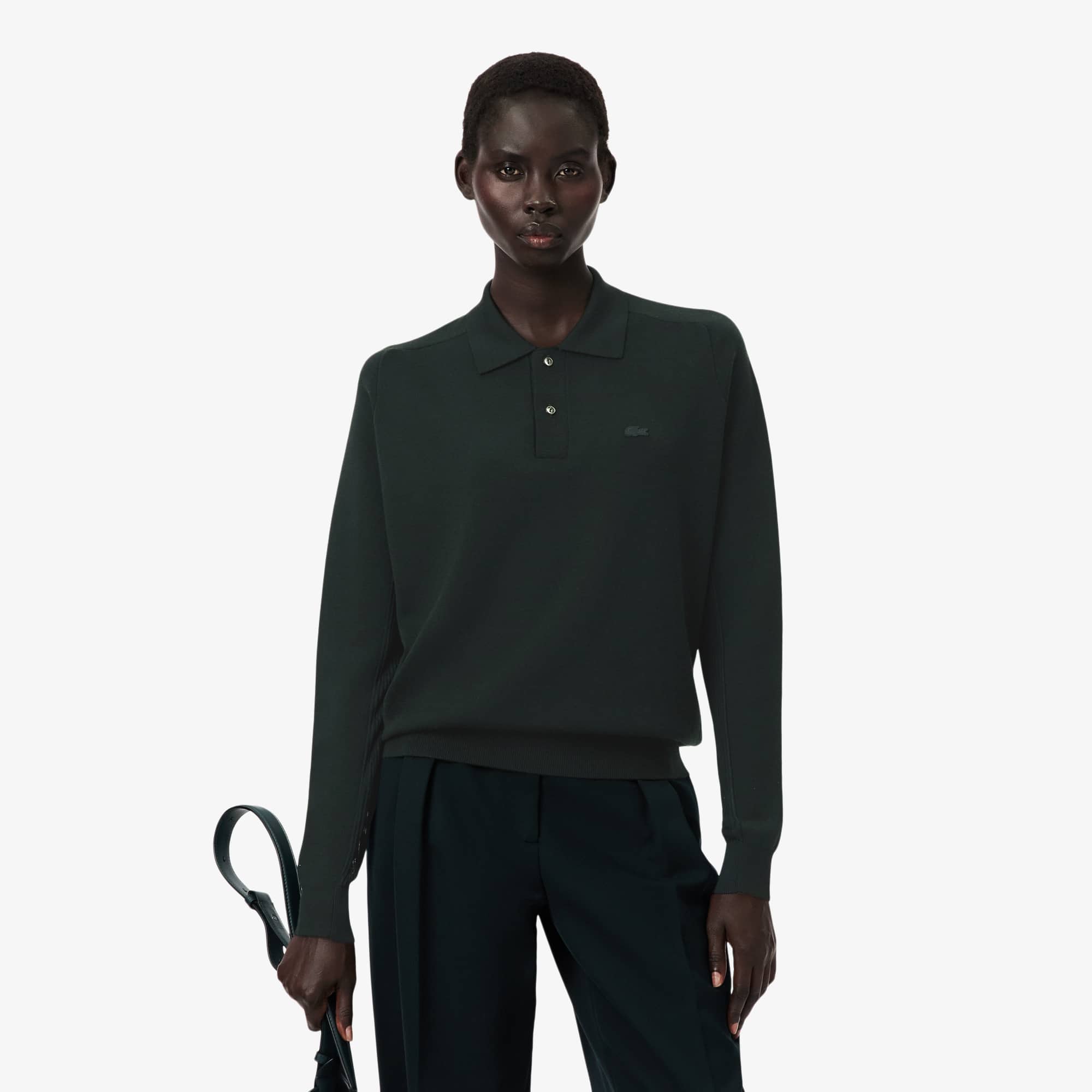 Lacoste Runway Wool Blend Polo Collar Sweater - 38 In Green