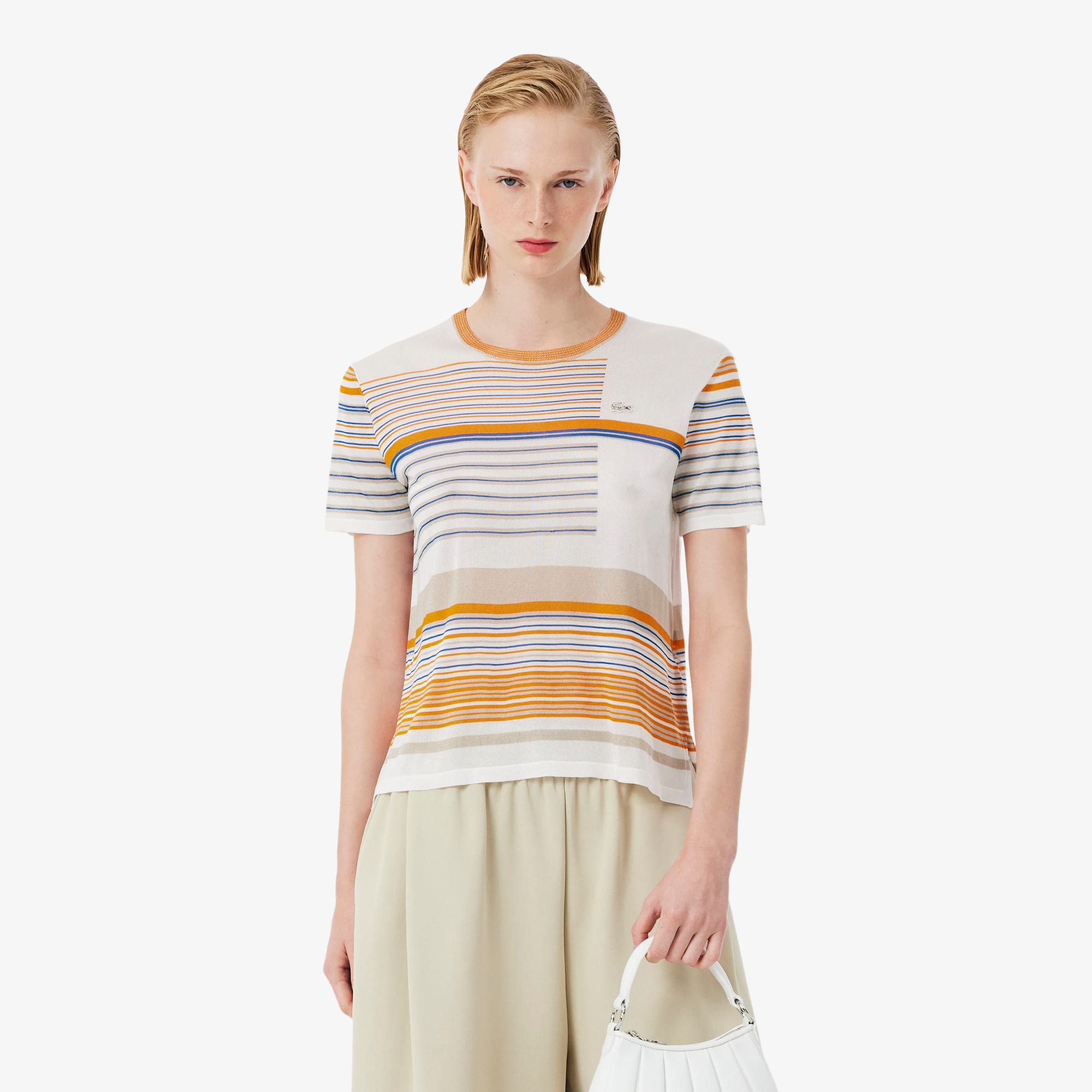 Lacoste Runway Striped Satin Jersey T-shirt In White