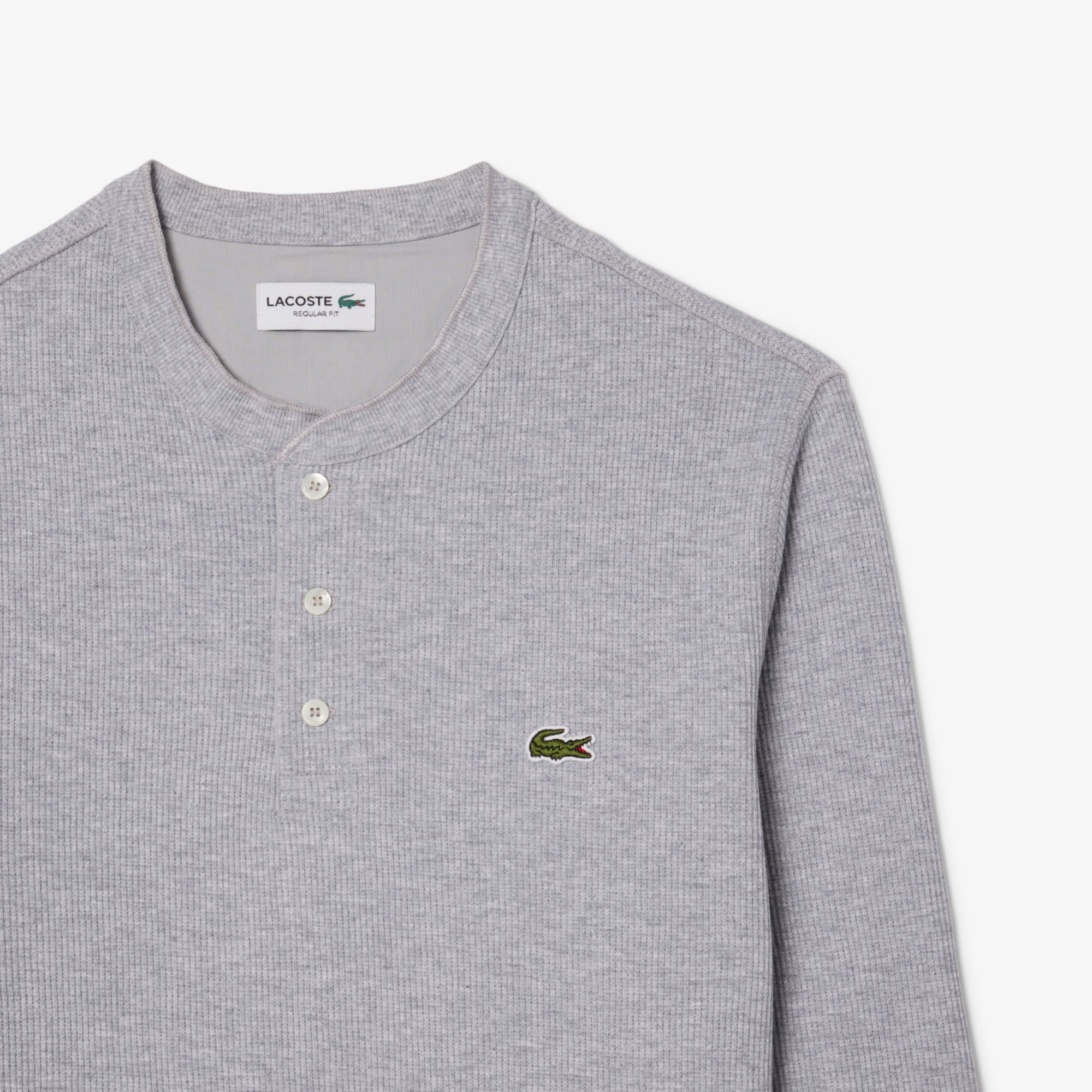 ■LACOSTE■ Men's Waffle Henley Long Sleeve T-Shirt Melange Lacoste long sleeve waffle henley t shirt + FREE SHIPPING