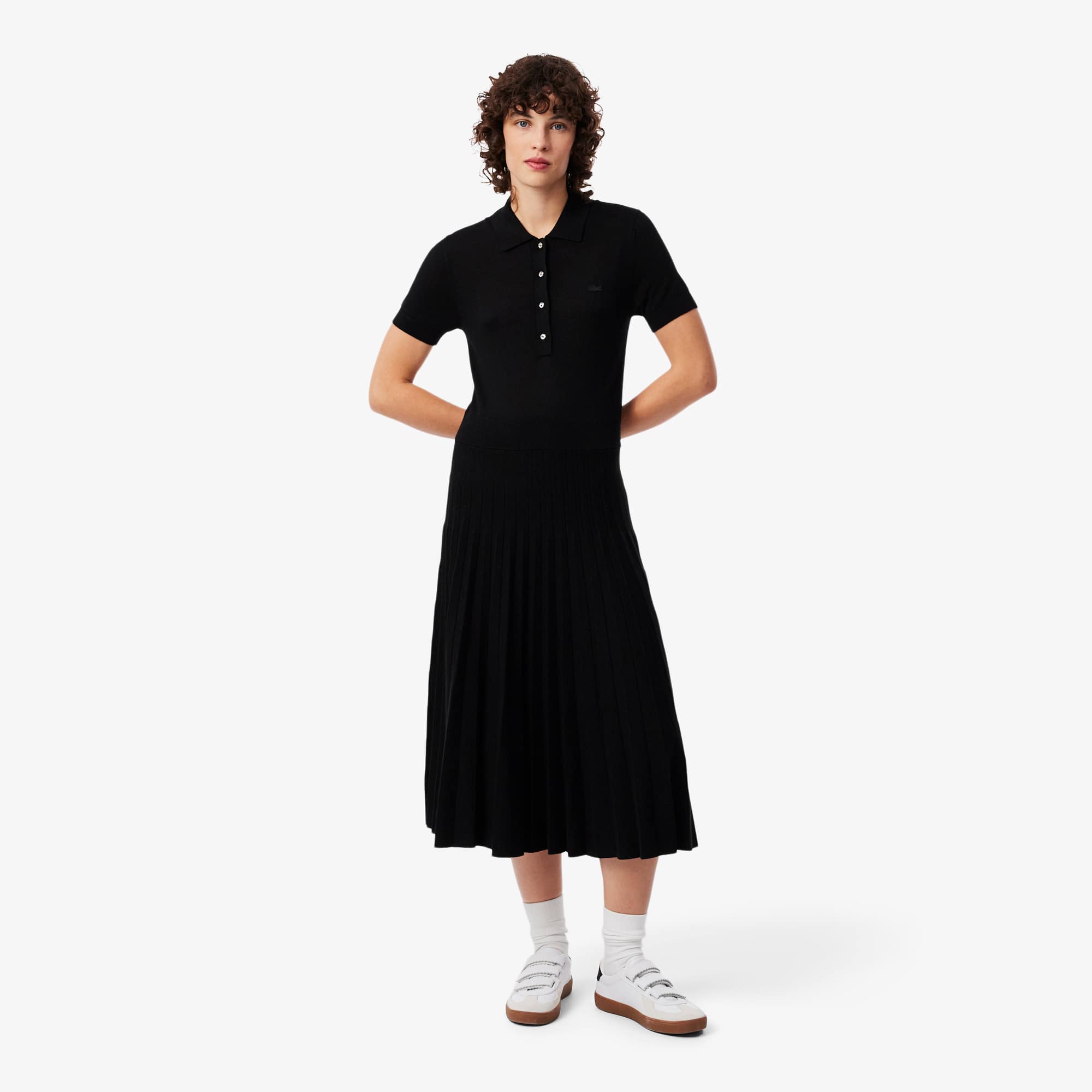 Lacoste Cashmere Blend Polo Collar Pleated Dress - Xxl (44) In Black