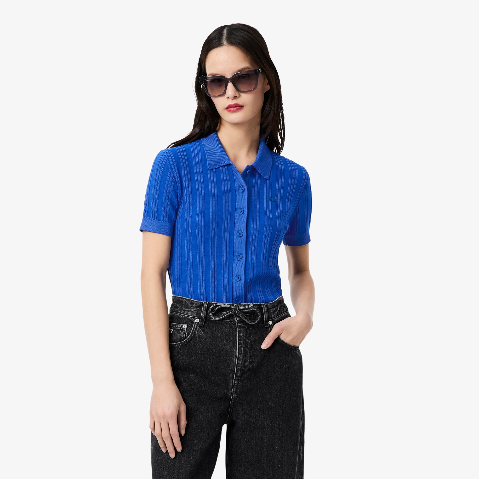 Lacoste Women's Ribbed Knit Polo Collar Sweater - 36 In Blue