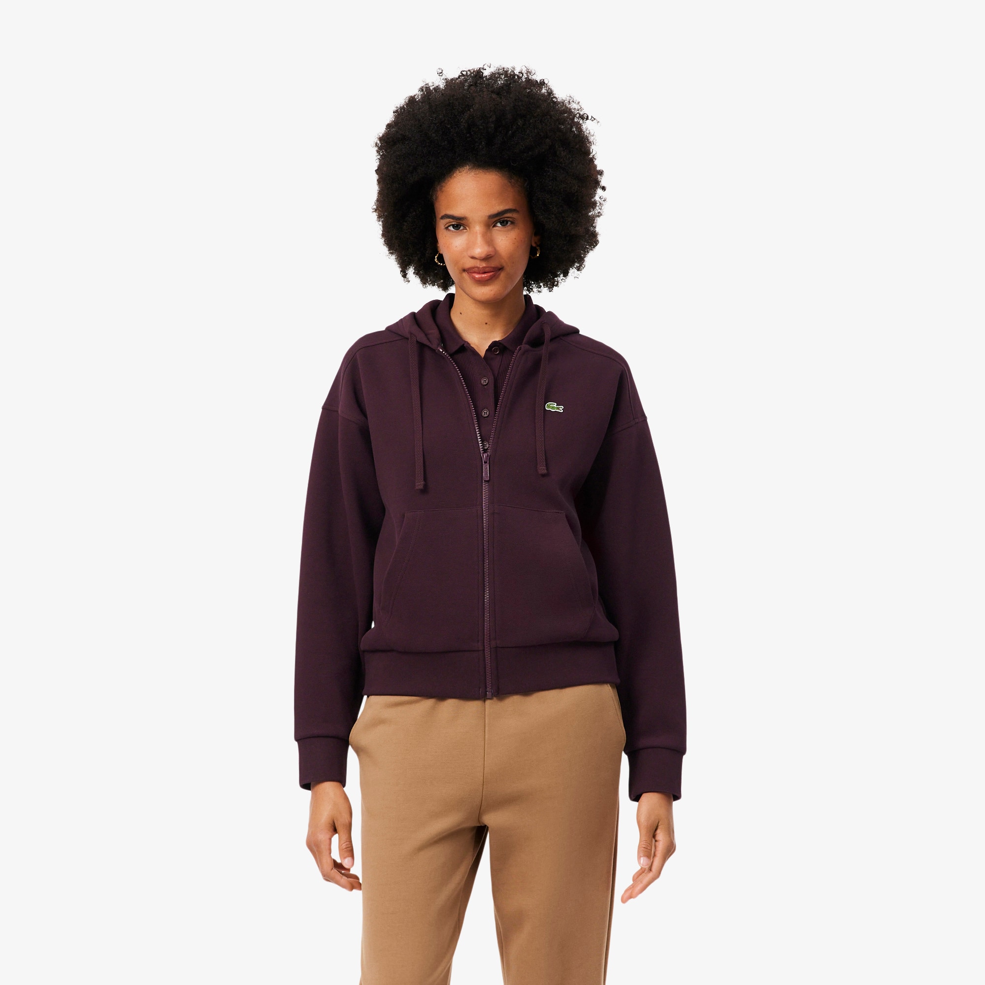 Lacoste Women's Zip-up Piqué Hoodie - Xxl (44) In Burgundy