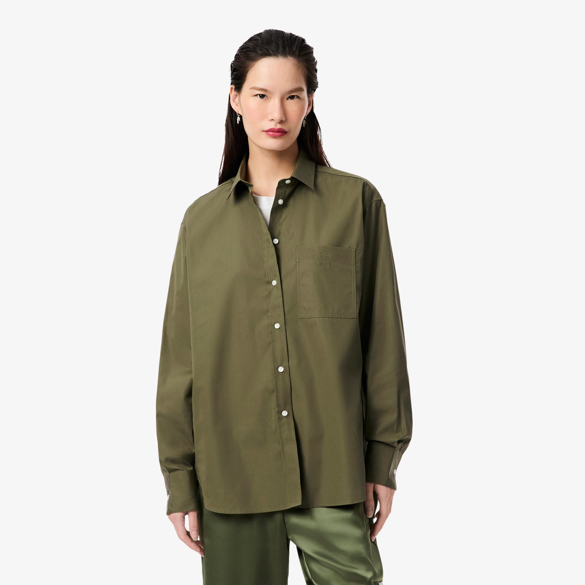 Lacoste Women's Oversized Cotton Button Down Shirt - 38 In Green