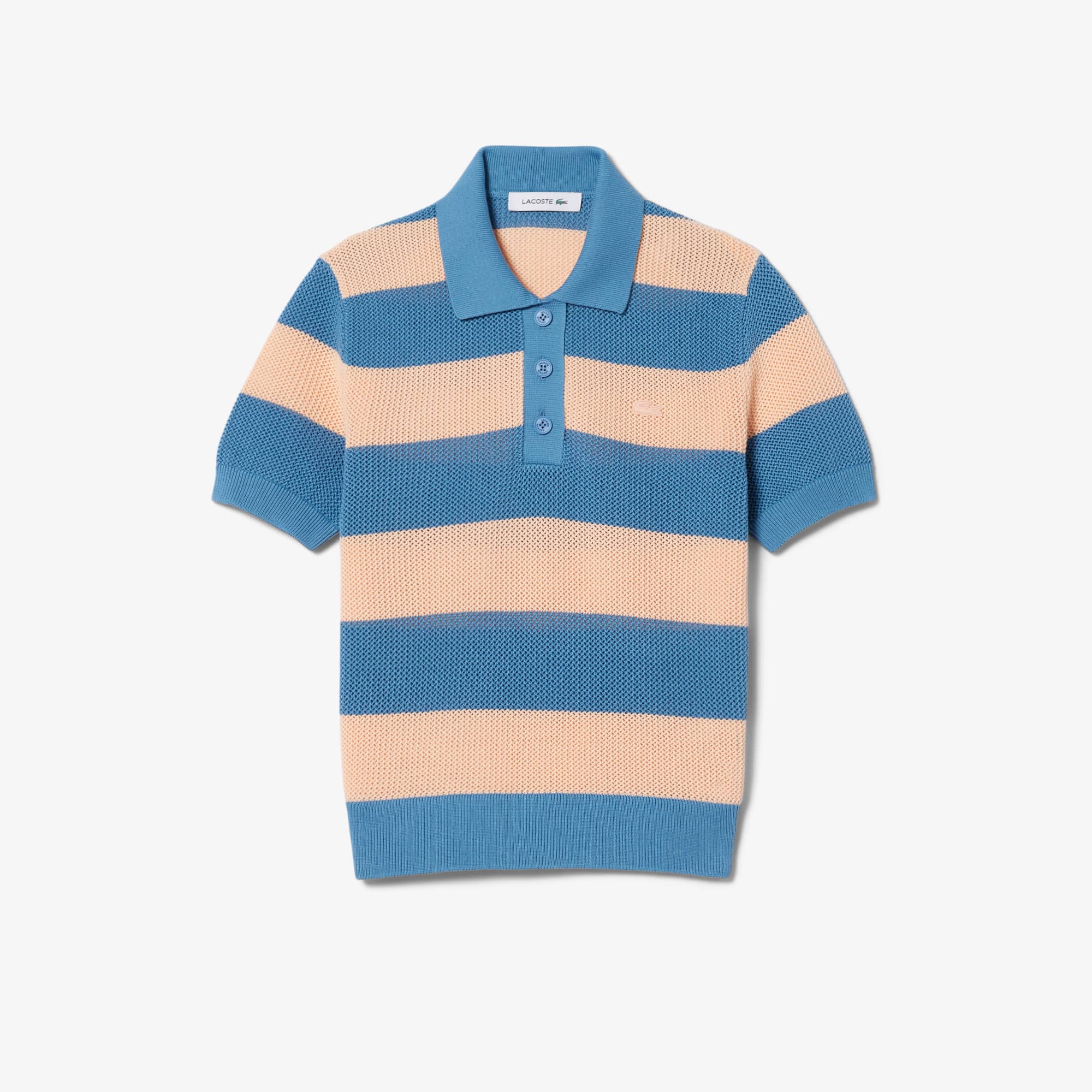 Lacoste Striped Mesh Knit Polo Collar Sweater - 40 In Blue
