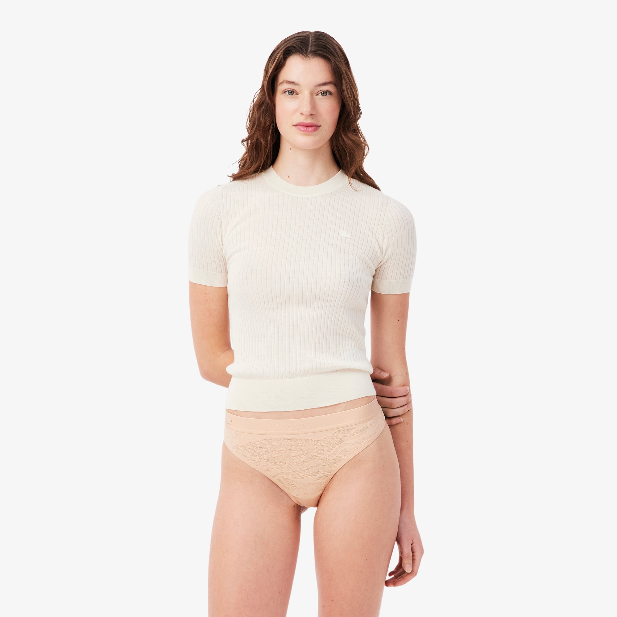 Lacoste Logo Waist Mesh String Briefs In White