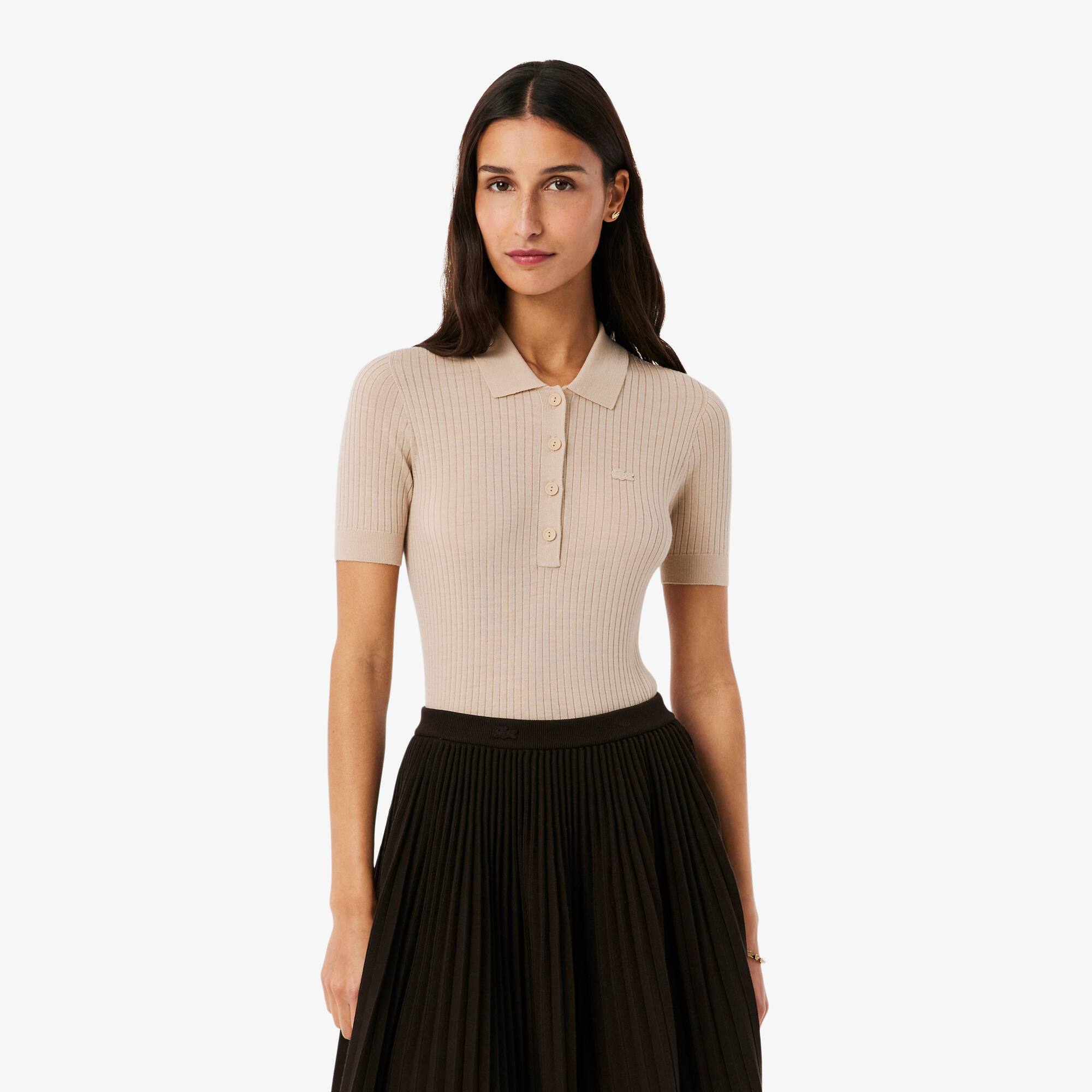 3D Rib Knit Polo Collar Merino Wool Sweater