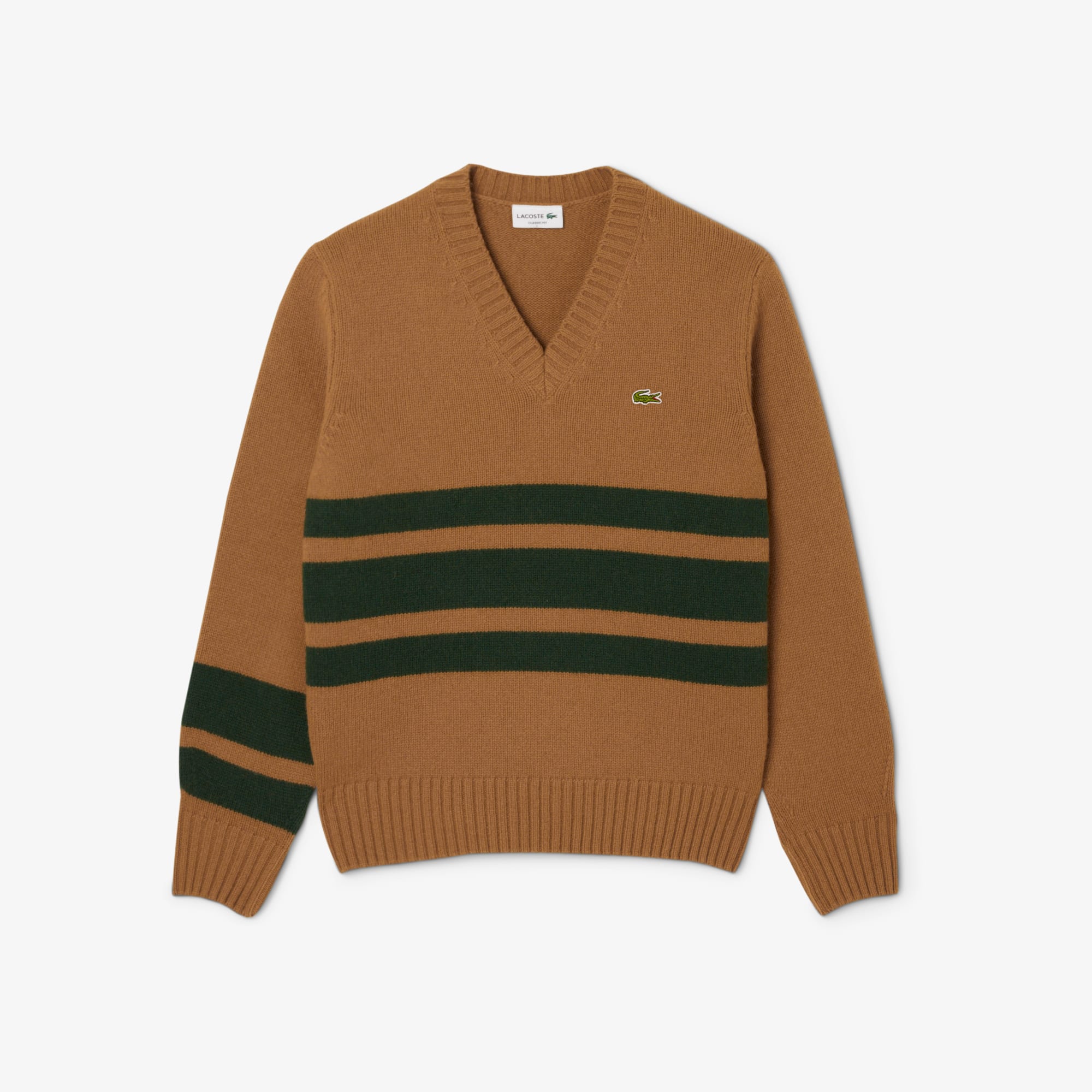 Lacoste Men's Striped Wool V-neck Sweater - M - 4 In Brown