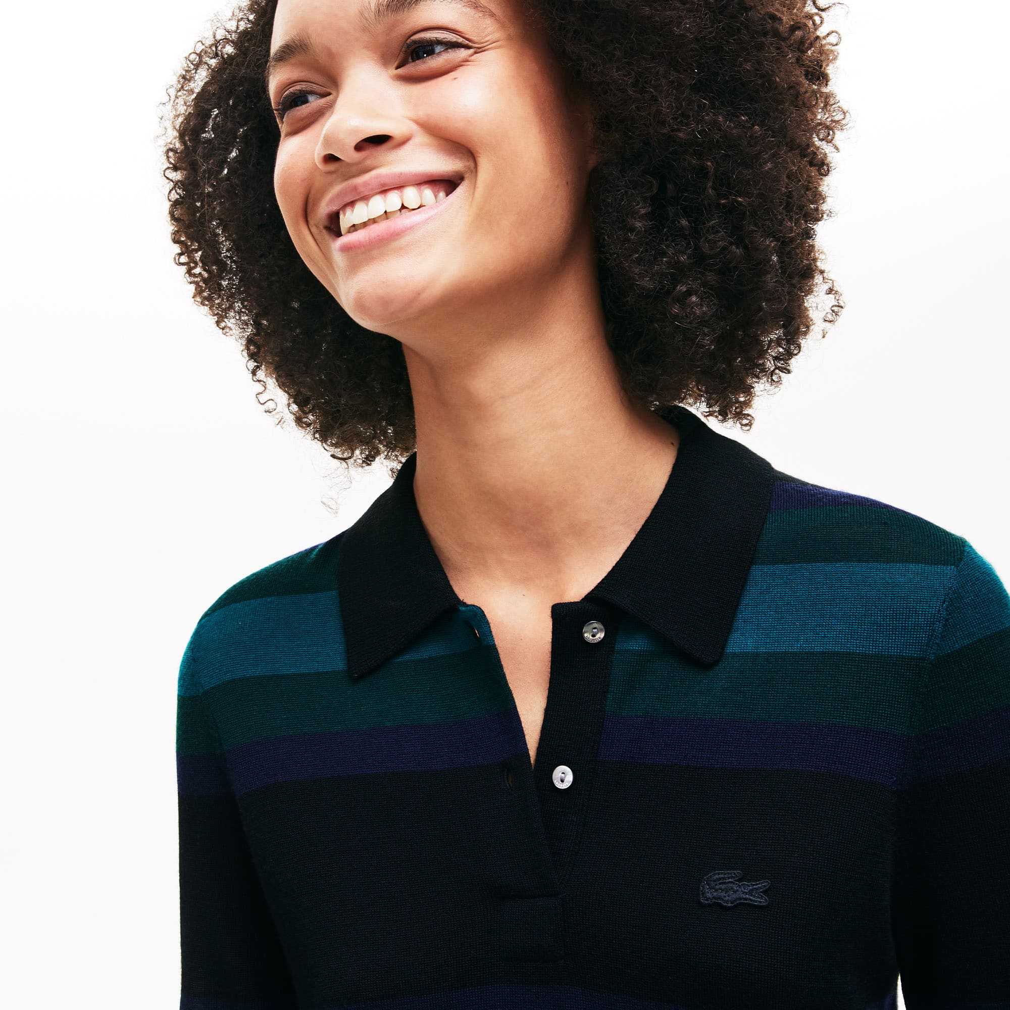 LACOSTE WOMEN'S FITTED STRIPED WOOL POLO DRESS