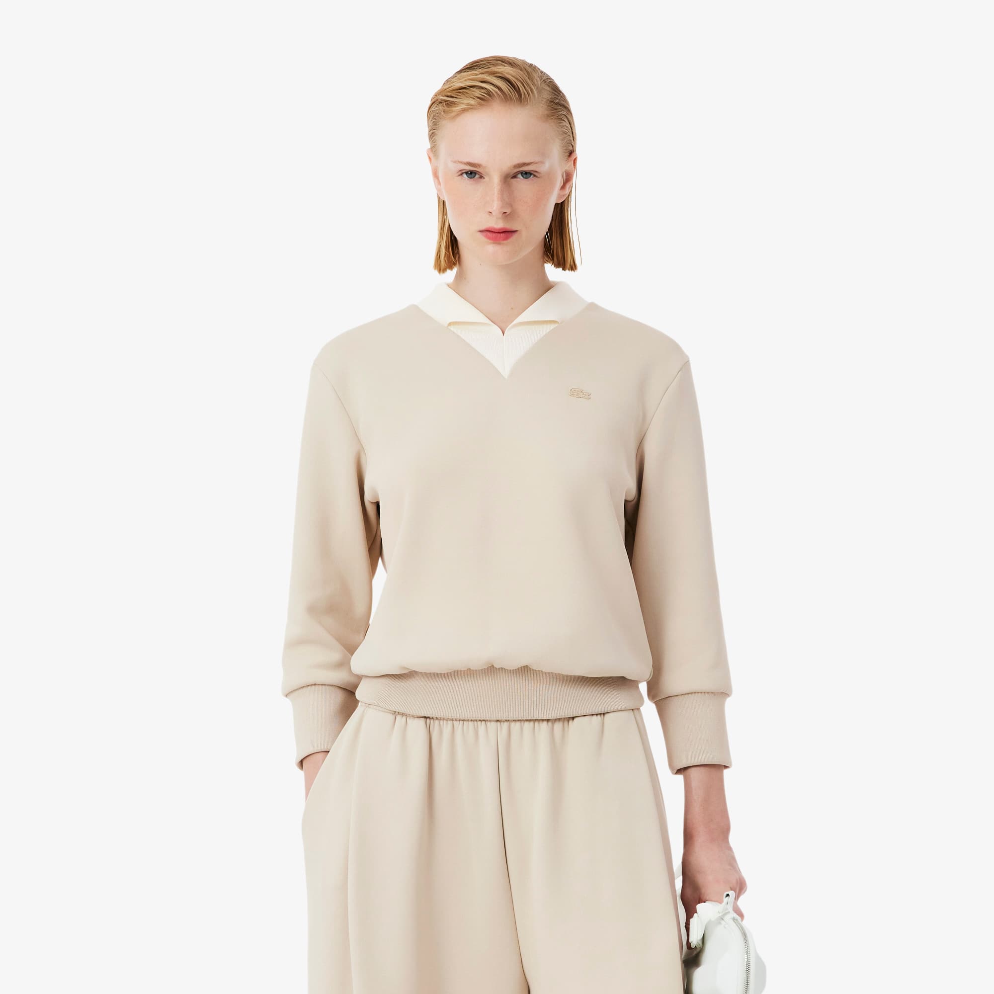 Lacoste Runway Satin Knit V Neck Sweatshirt In Neutral