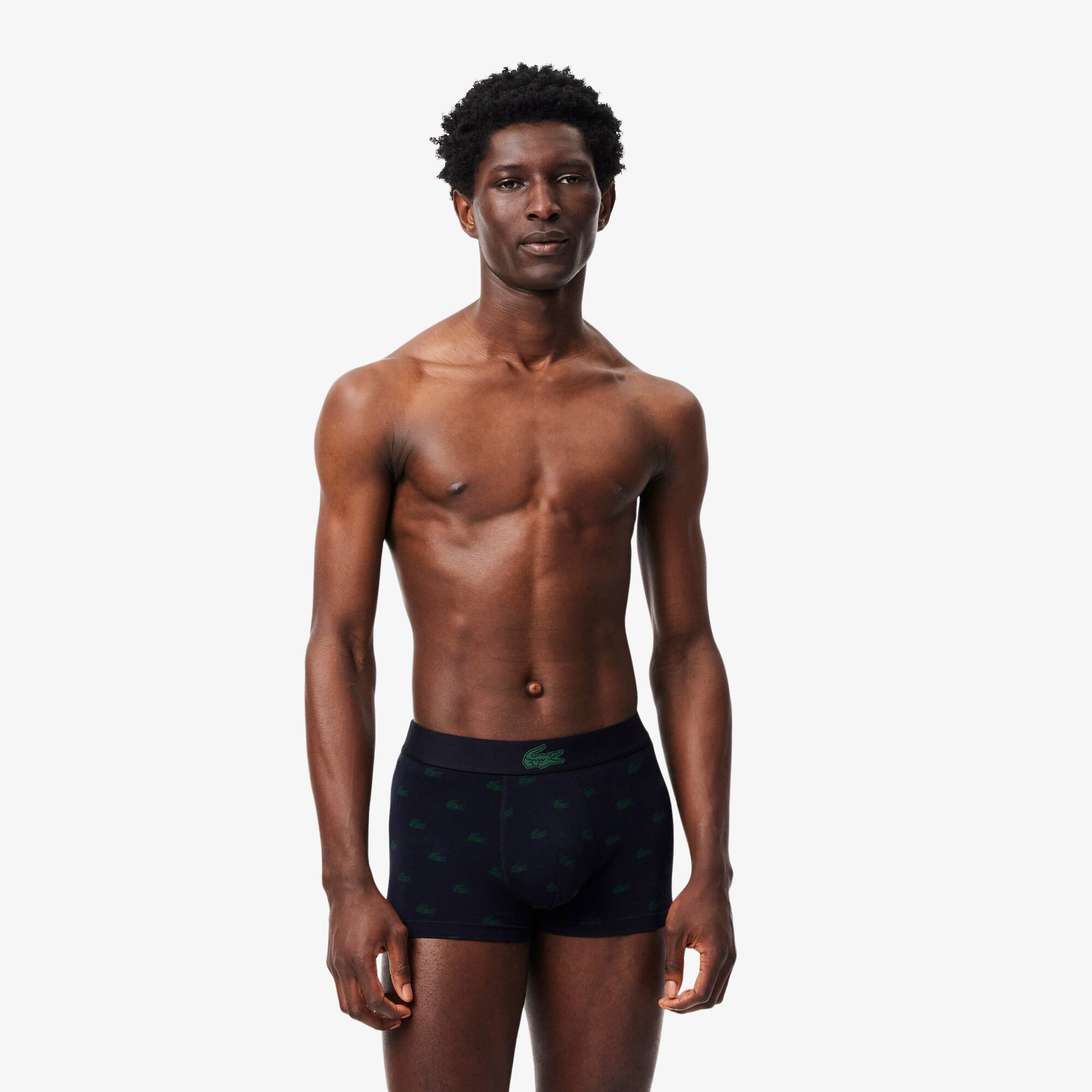 Lacoste Men's 3-pack Crocodile Print Trunks In Black