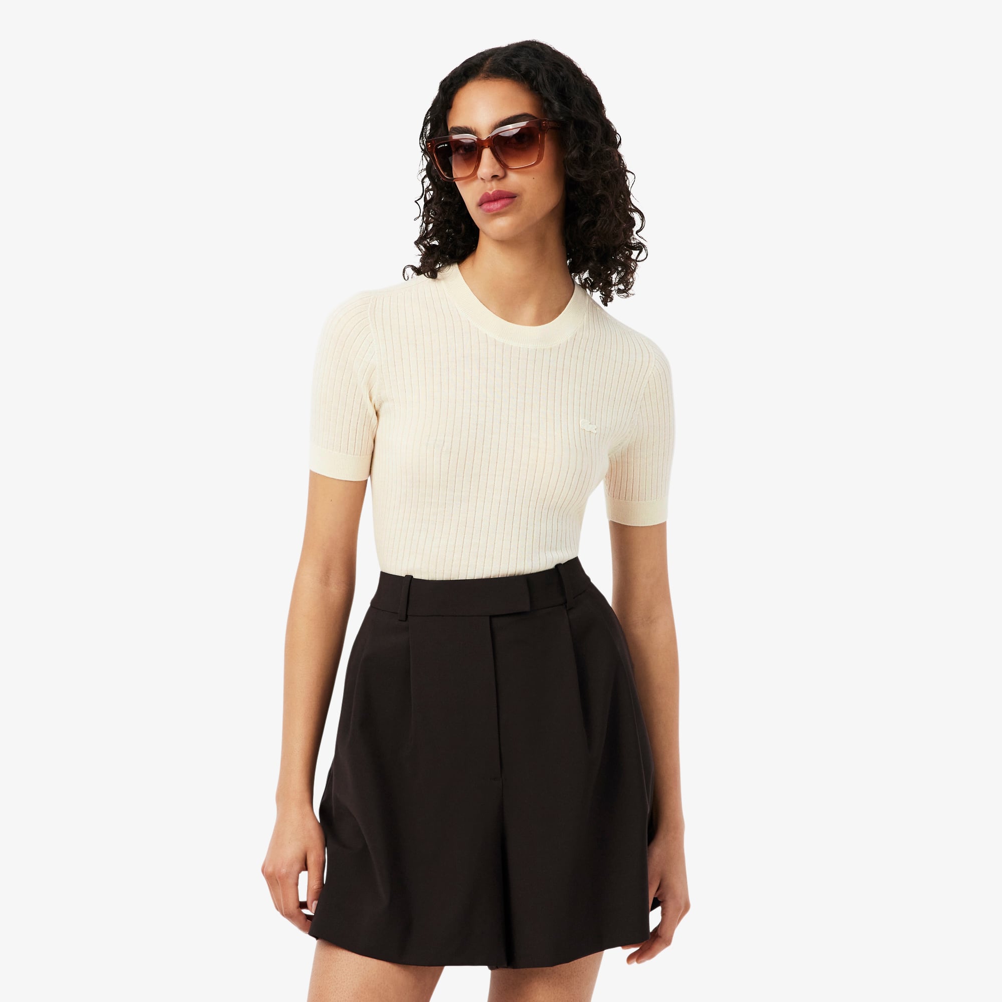 Lacoste Women's Short Sleeve Merino Wool Rib Knit Sweater