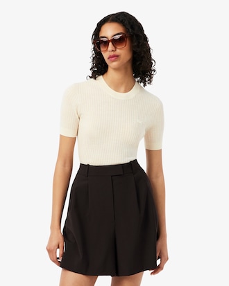 Women's Short Sleeve Merino Wool Rib Knit Sweater