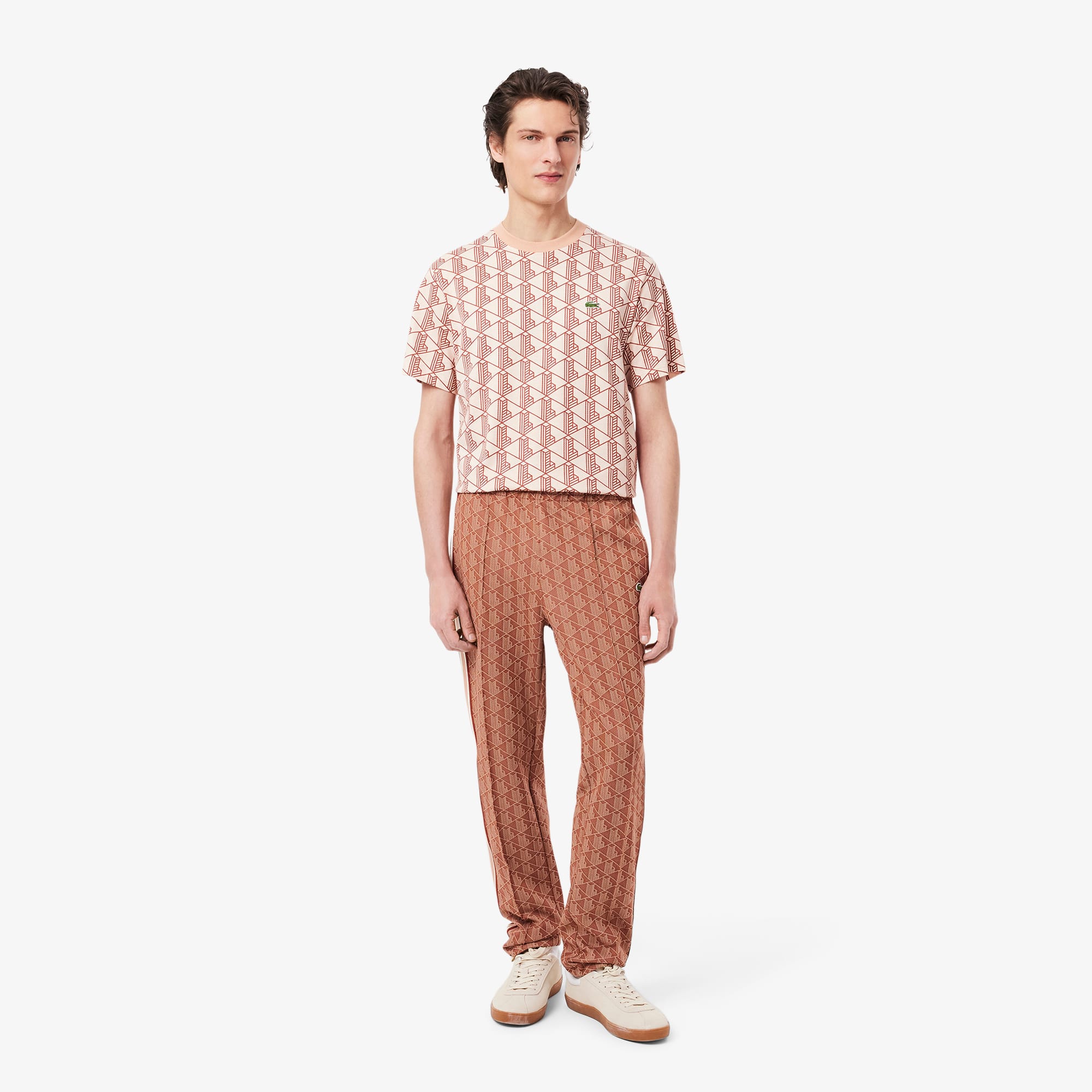 Lacoste Brown Jacquard Monogram Trousers With Side Stripes In Pink