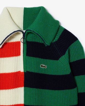 Women's Wool Zip Neck Contrast Stripe Colorblock Sweater