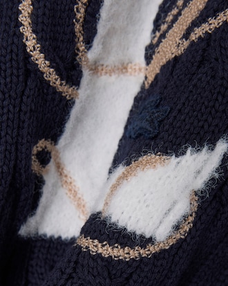 Cable Knit Intarsia and Embroidery Accent Zipped Sweater