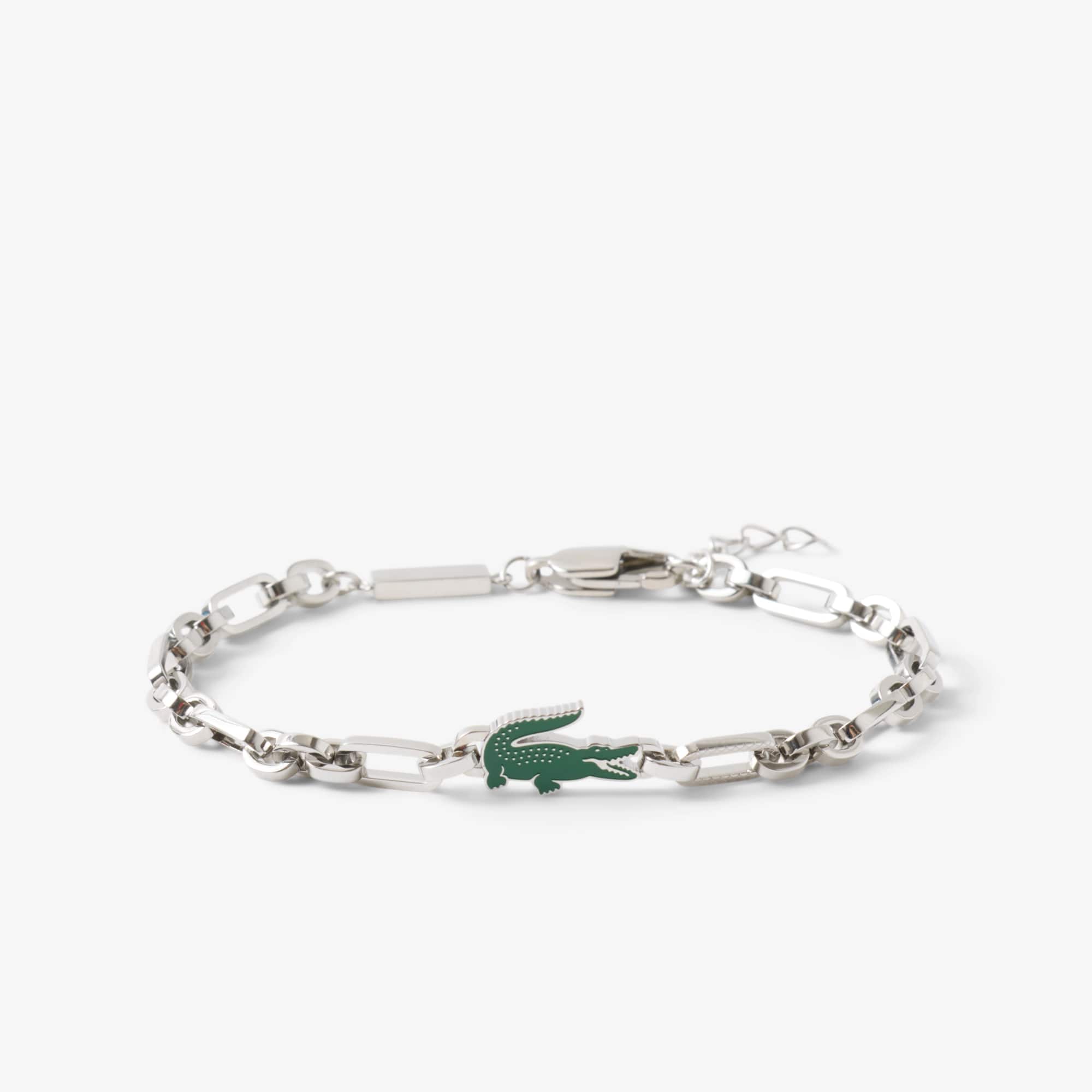 Lacoste Men's Arthor Silver-Tone Stainless Steel with Green Enamel Crocodile Bracelet - Silver