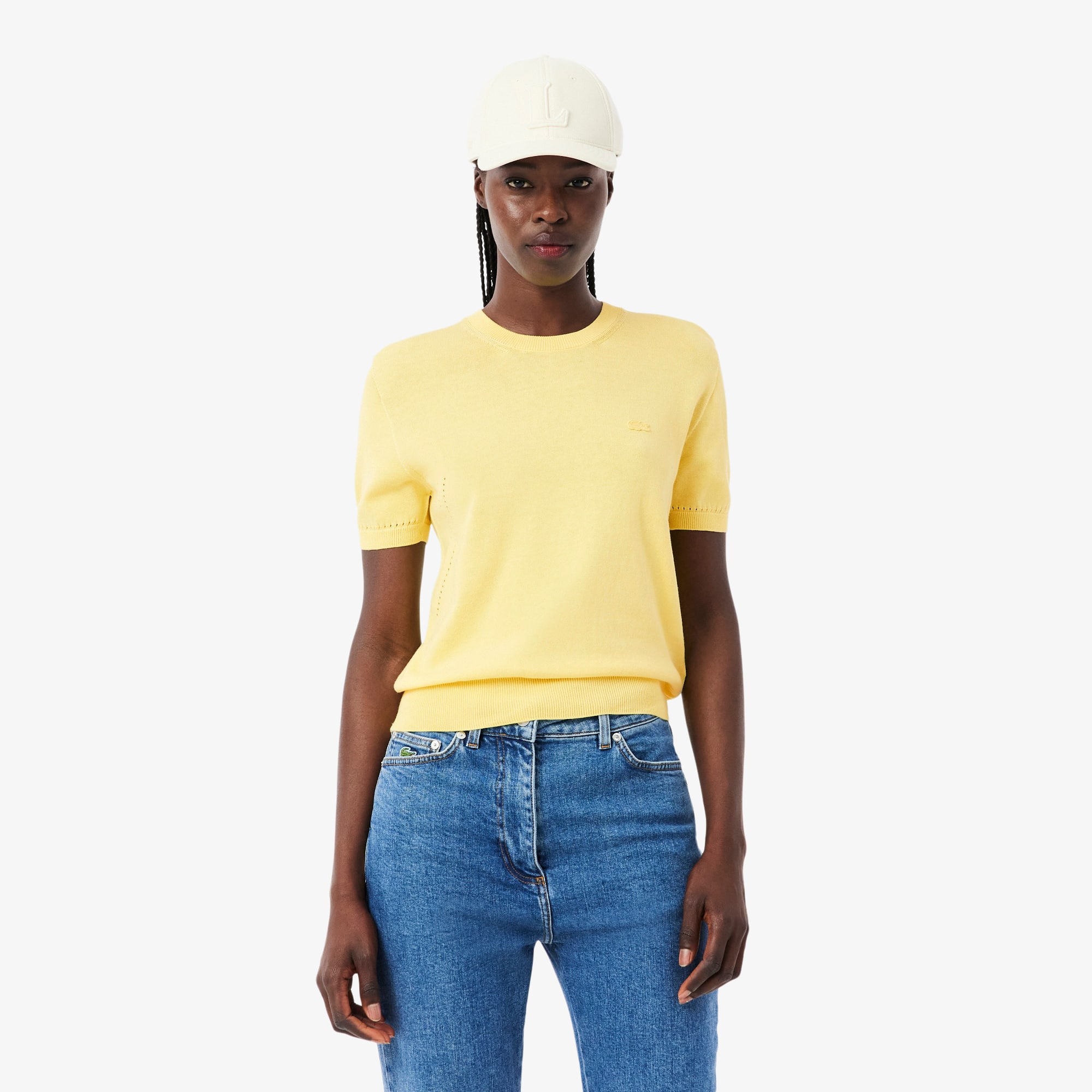 Lacoste Short Sleeved 3d Knit Sweater - Xs (34) In Yellow
