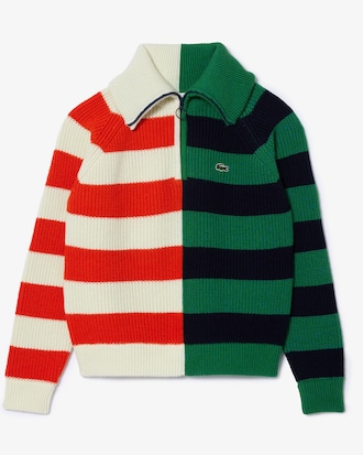 Women's Wool Zip Neck Contrast Stripe Colorblock Sweater